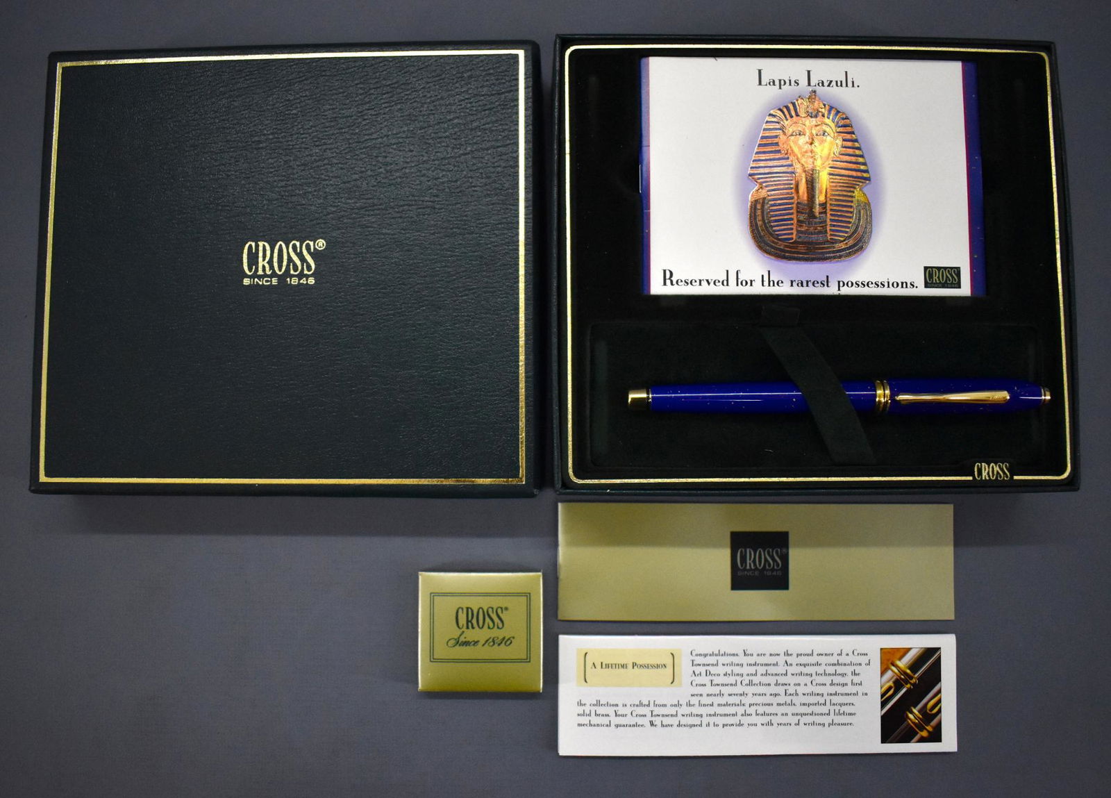 Cross Townsend Lapis Lazuli fountain pen in original: Cross Townsend Lapis Lazuli fountain pen in original box. The pen has been used but looks very nice but has some pitting issues to the gold-plated finish around the tip of the section. On the exterior