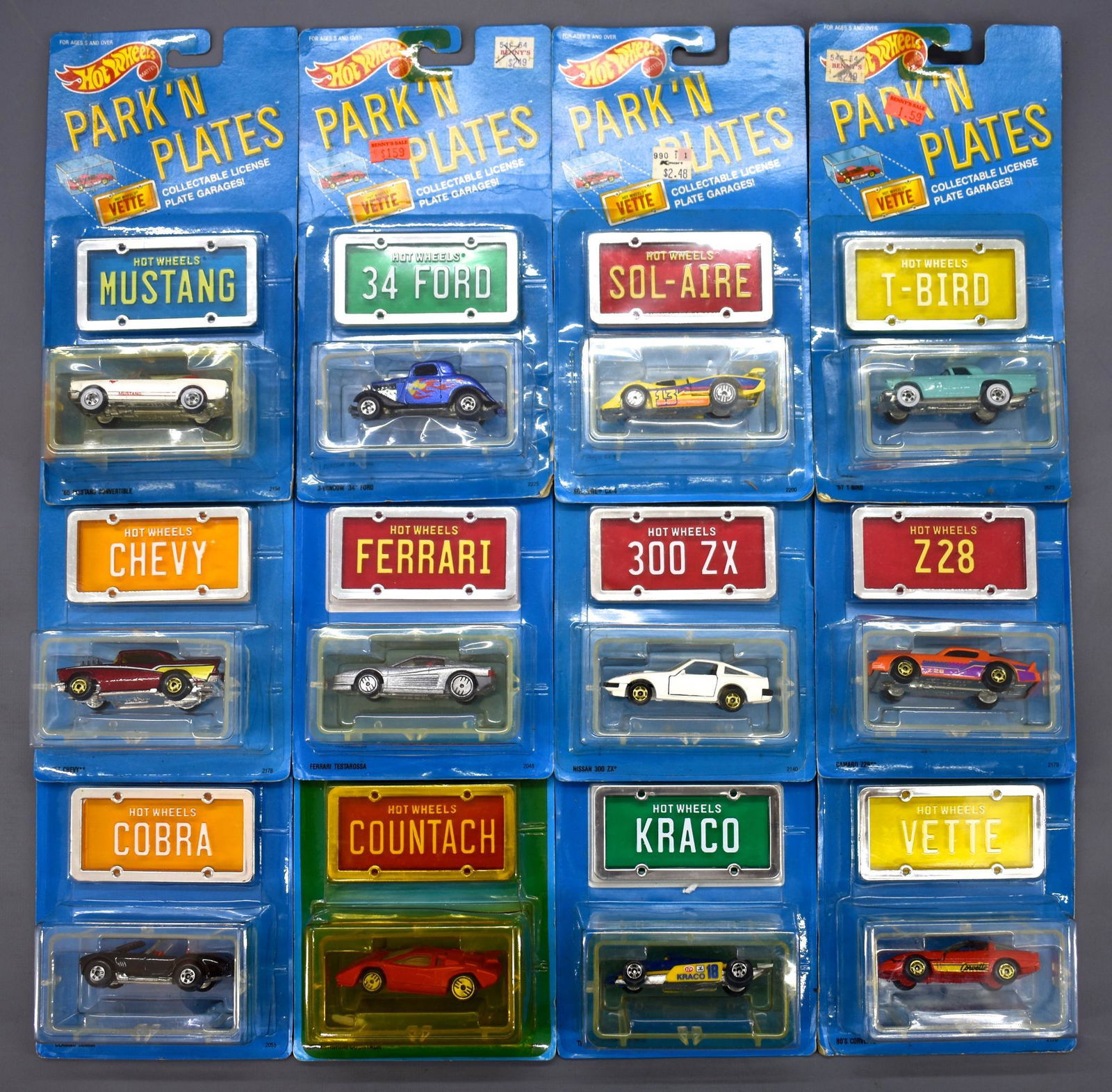 Nice group of Hot Wheels Park N Plates mint on sealed: Nice group of Hot Wheels Park N Plates mint on sealed blister cards to include Mustang, '57 Chevy, Cobra, '34 Ford, Ferrari, Lamborghini Countach, Sol-Aire, T-Bird, Camaro Z-28, 300ZX, Corvette and Kr