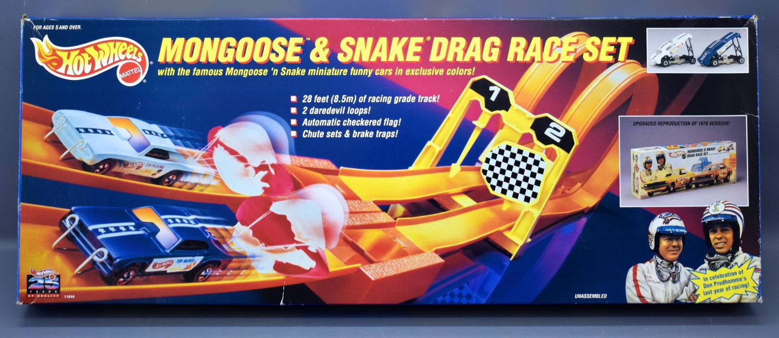 Hot Wheels 25th anniversary Mongoose and Snake Drag Set: Hot Wheels 25th anniversary Mongoose and Snake Drag Set mint in original box, stock number 11644. Set is unopened in an excellent original box with some storage wear.