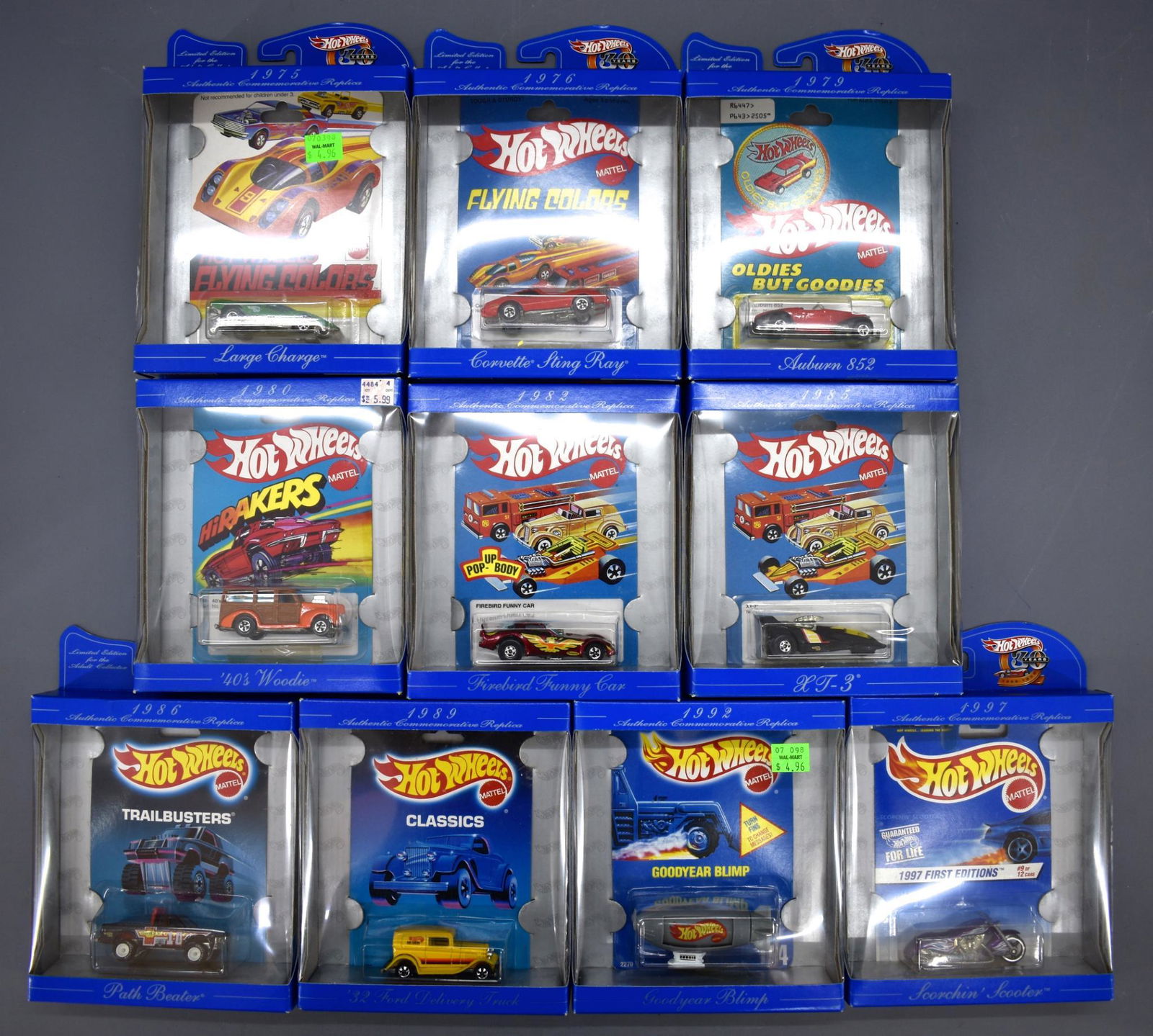 Ten Hot Wheels 30 years Commemorative Replicas MIB: Ten Hot Wheels 30 years Commemorative Replicas, includes 1975, 76, 79, 80, 82, 85, 86, 89, 902 and 1997, all mint in excellent plus original boxes.