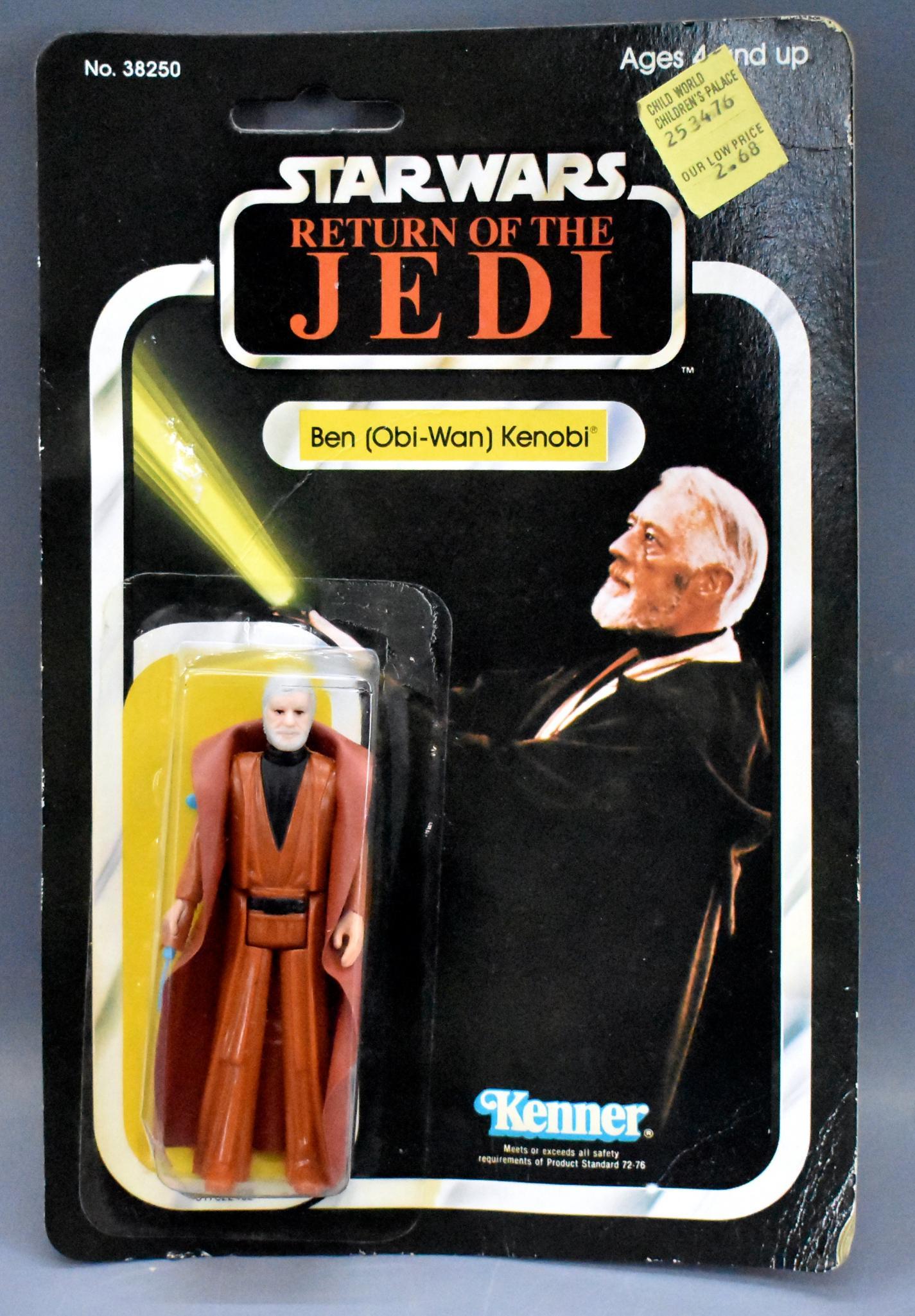 Kenner Star Wars ROTJ Ben Obi Wan Kenobi on sealed 65: Kenner Star Wars ROTJ Ben Obi Wan Kenobi on sealed blister card, the figure is mint and very clean, the card has some creases and is curled a bit, the blister has been crushed on the bottom left corne