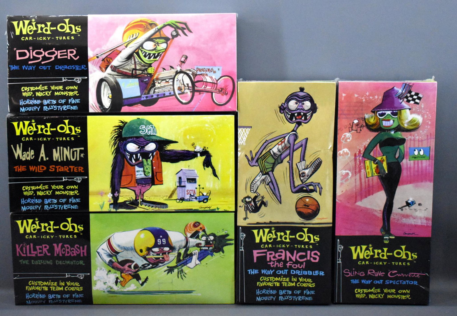 Group of five Weird Oh's HAWK Classic model kits: Group of five Weird Oh's HAWK Classic model kits factory sealed. All are factory sealed with cupping to the lids due to shrinkage of the wrap. Group includes Sling Rave Curvette, Francis the Foul, Dig