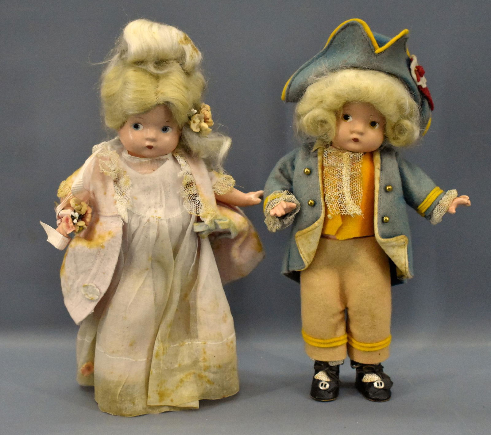 Scarce Effanbee Patsyette 9 1/2" composition George and: Scarce Effanbee Doll Co. Patsyette 9 1/2" composition George and Martha Washington dolls. Very nice shape but the clothes have some browning or age spots and the faces have some crazing as seen in the
