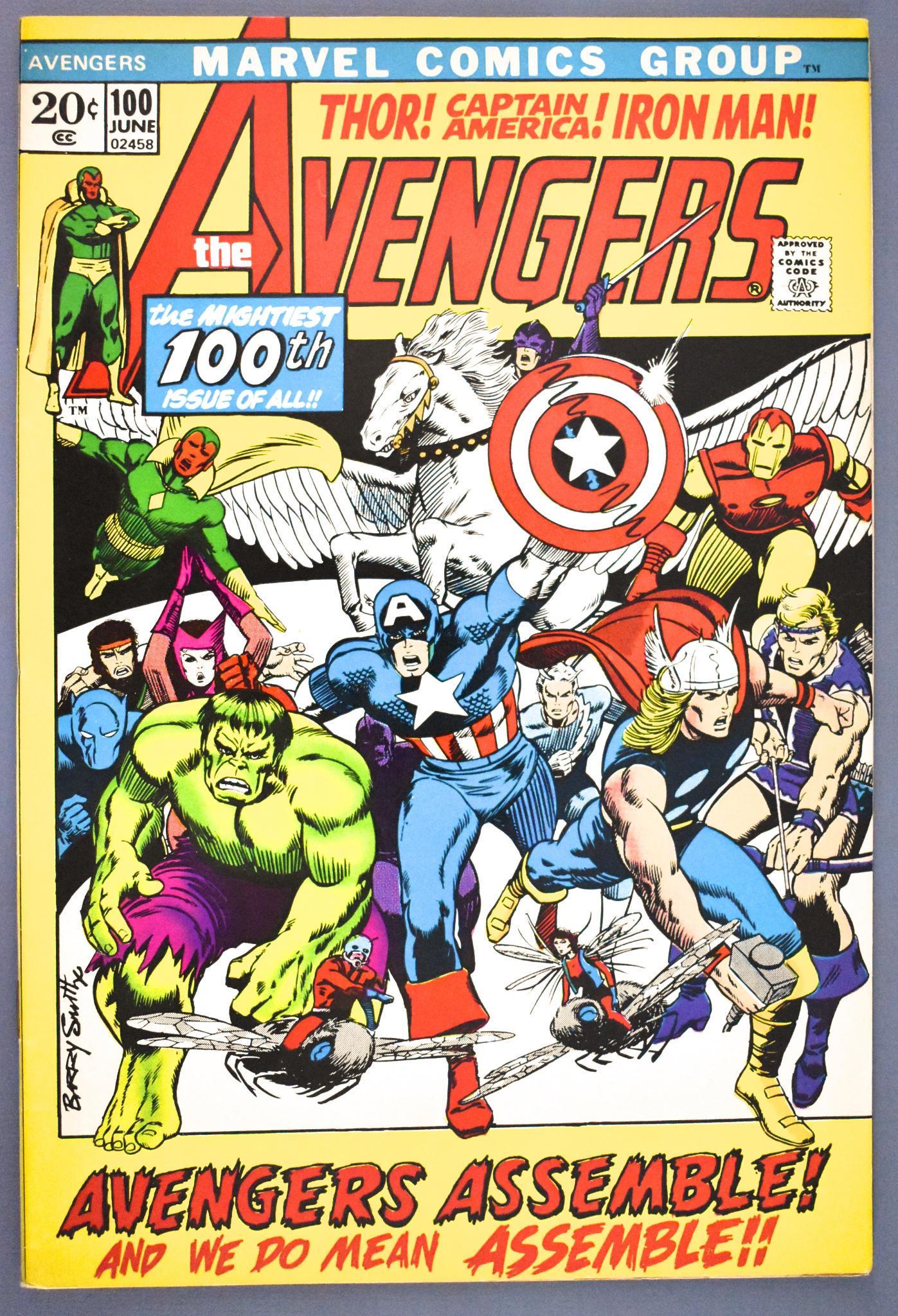 Marvel Avengers # 100 Smith cover art, features all: Marvel Avengers # 100 Smith cover art, features all characters who were Avengers. VF 8.0, gorgeous example.
