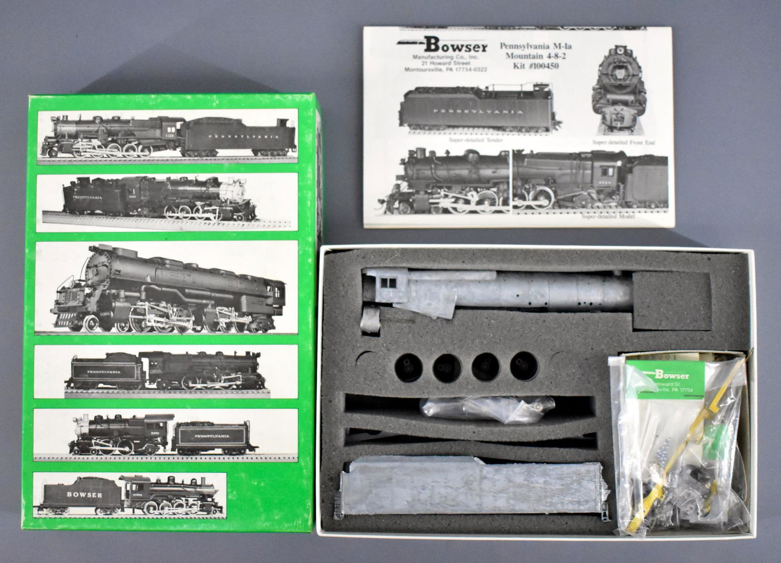 Mint unbuilt Bowser HO scale PRR M-1a 4-8-2 Mountain: Mint unbuilt Bowser HO scale PRR M-1a 4-8-2 Mountain steam locomotive and tender kit, C9 in an excellent original box with original paperwork.