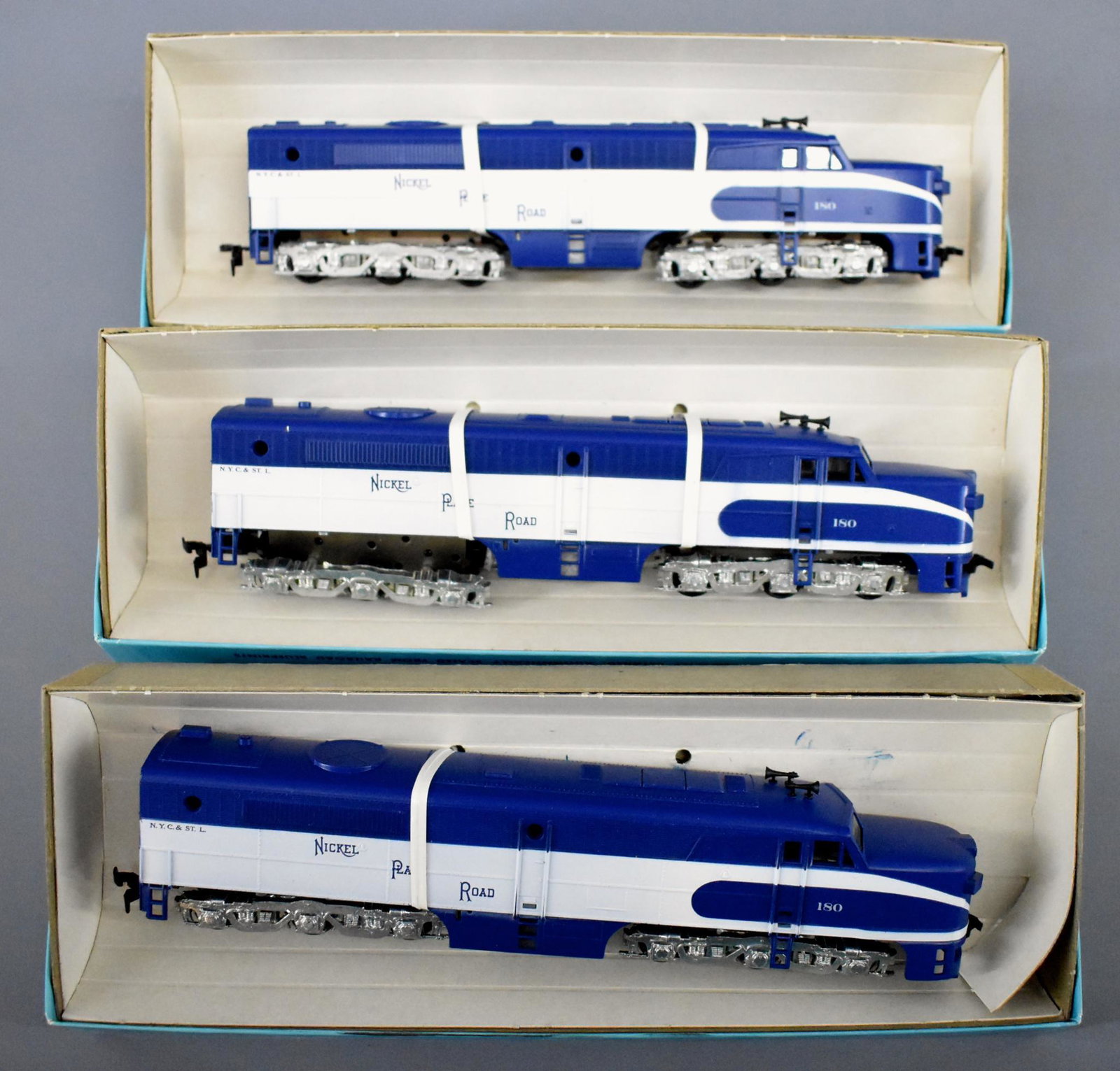 Three Athearn Nickel Plate Road Alco PA-1 diesel: Three Athearn Nickel Plate Road Alco PA-1 diesel locomotives HO scale in original boxes to include one powered and two dummy units, C8-9 in excellent original boxes.