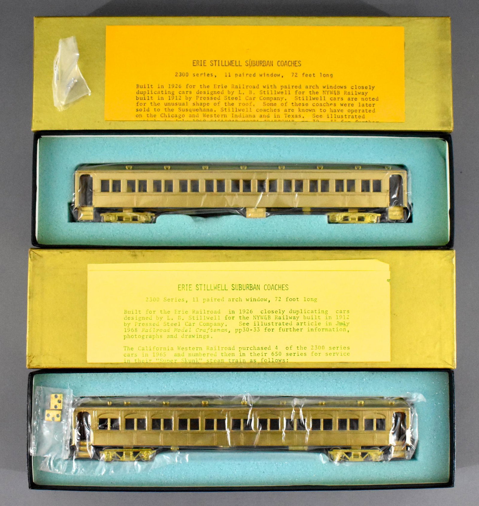 Two NOS NWSL Erie Stillwell coach cars in original: Two NOS NWSL Erie Stillwell coach cars in original boxes, both are C9-10 in near mint original boxes with original foam inserts.