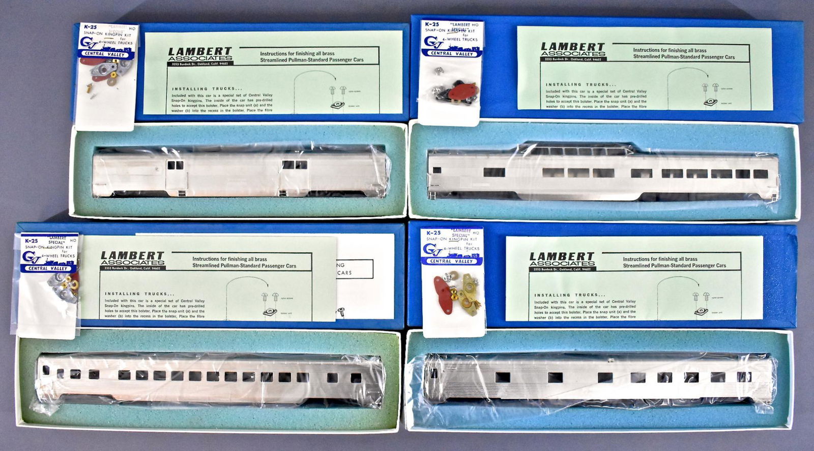 Four Lambert HO scale brass Streamline Pullman Standard: Four Lambert HO scale brass Streamline Pullman Standard passenger cars in original boxes toc 811 Pullman, 831 vista dome, 841 coach and 871 baggage, C8-9 with chrome exteriors. All four have excellent