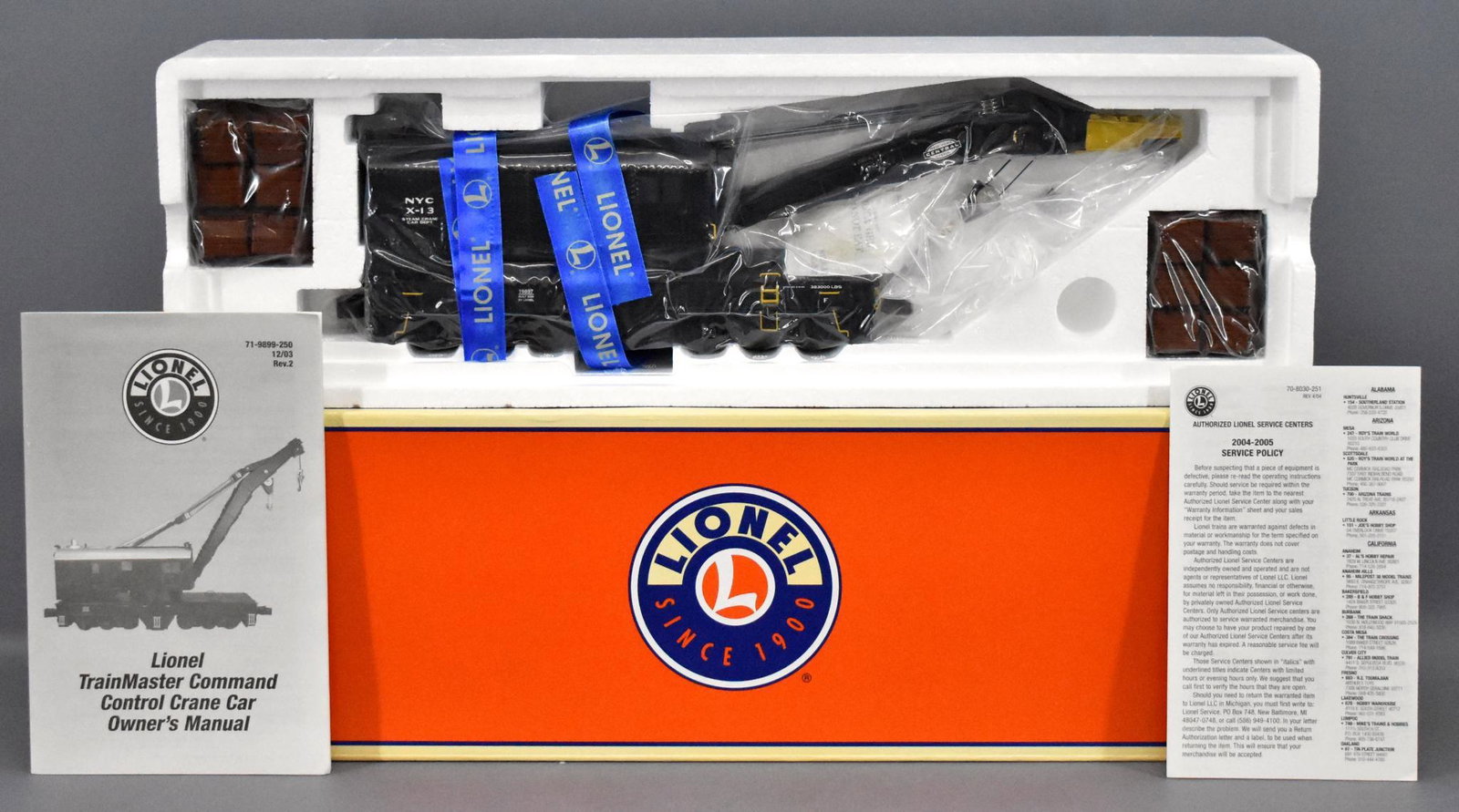 Lionel modern era O 19897 New York Central crane car in: Lionel modern era O 19897 New York Central crane car in original box TMCC, C9-10 with original paperwork in a near mint original box with master carton that it will be shipped in.