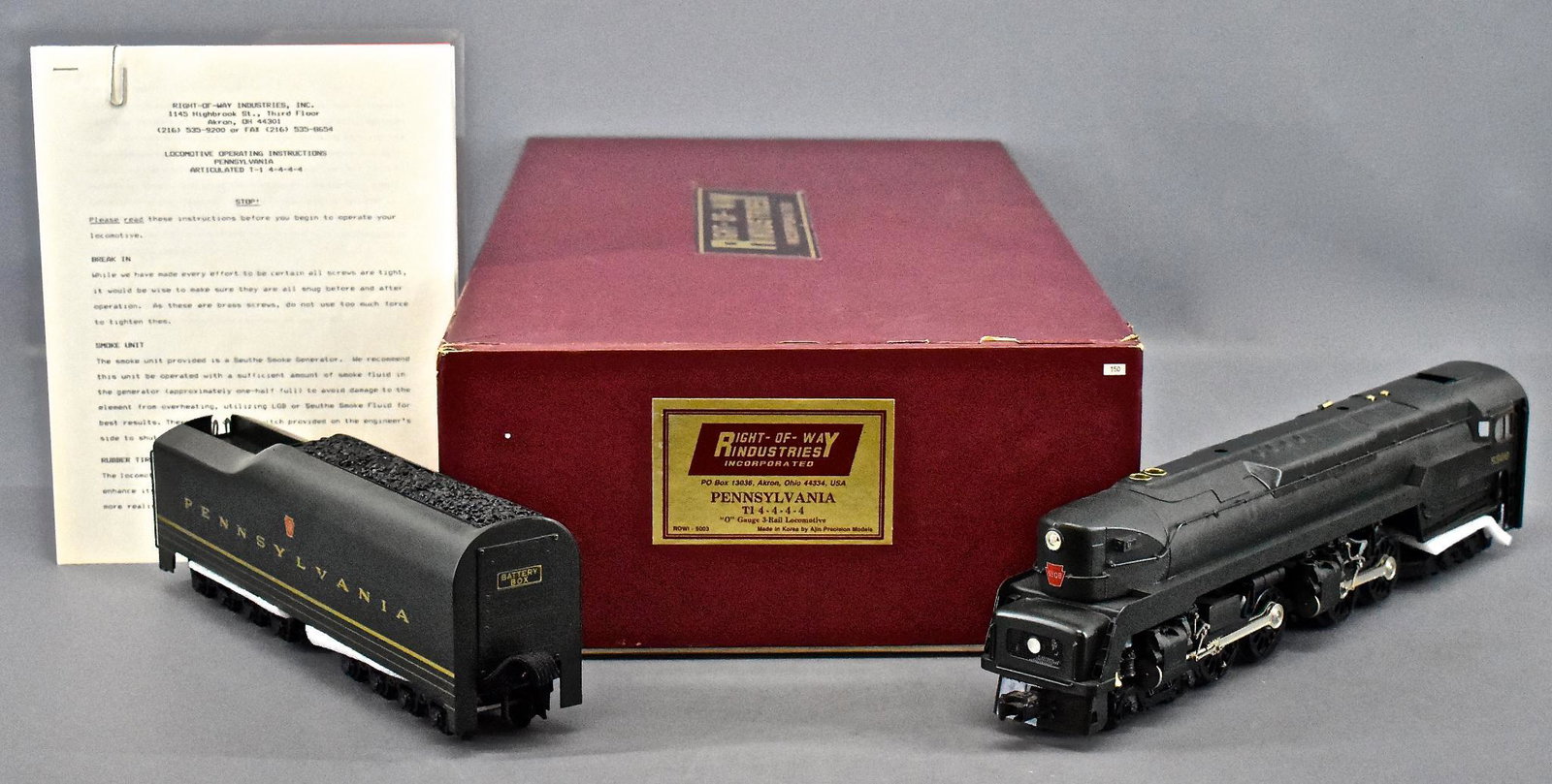 Right of Way Industries 3-rail O scale brass: Right of Way Industries 3-rail O scale brass Pennsylvania T1 4-4-4-4 steam locomotive in original box. Locomotive and tender show light to moderate run time, the lettering on the tender has flaked off