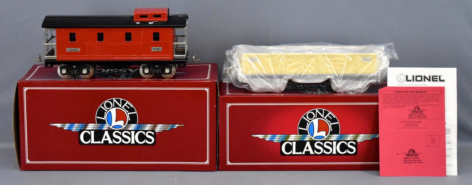 Lionel Classics standard gauge 1517 caboose 1512: Lionel Classics standard gauge 1517 caboose 1512 gondola in original boxes, both are C8-9 in excellent original boxes.
