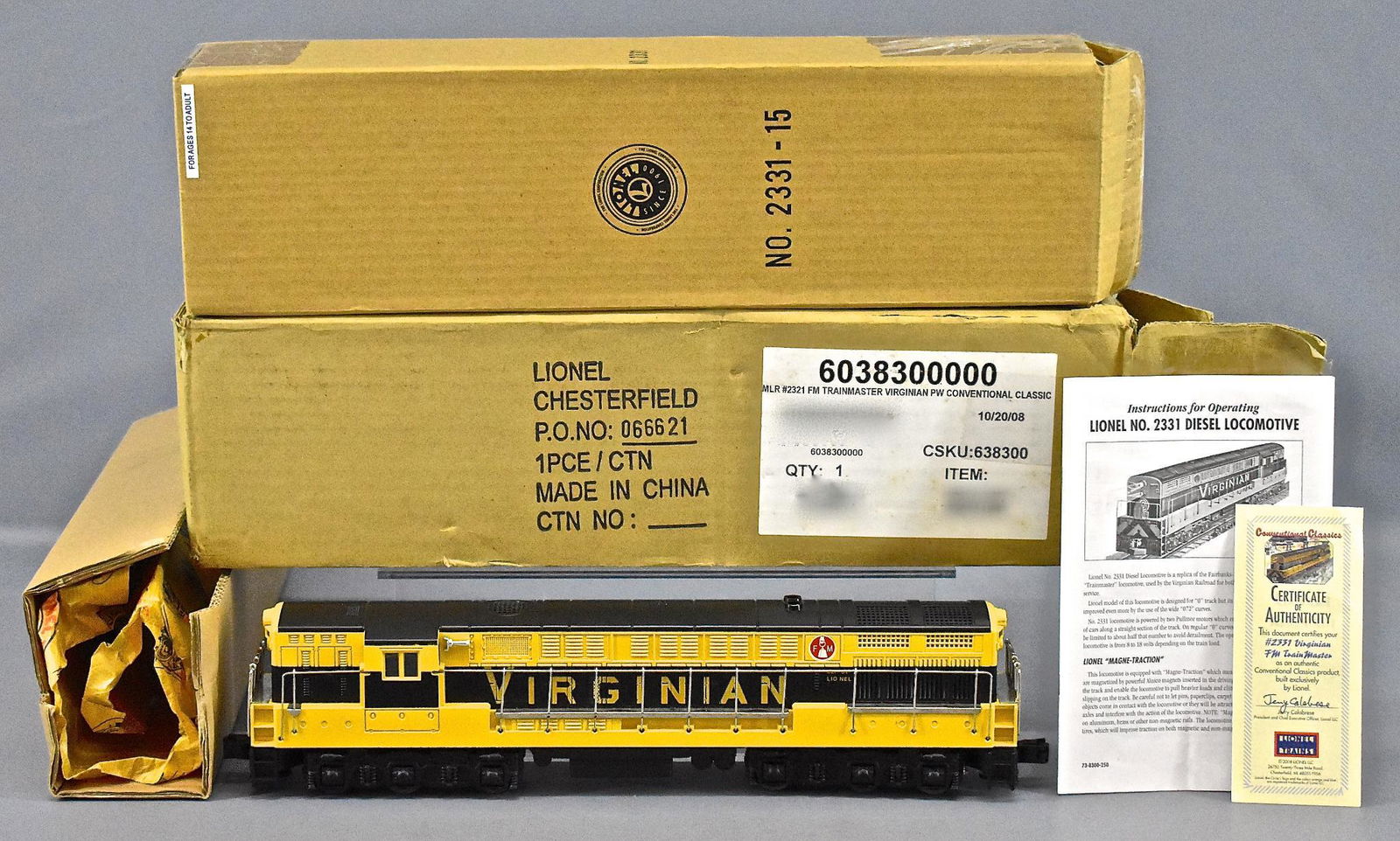 Lionel modern era O 38300 Virginian Fairbanks Morse: Lionel modern era O 38300 2331 Virginian Fairbanks Morse trainmaster in original box with shipping carton and original paperwork. Unit shows light run time and is C8.