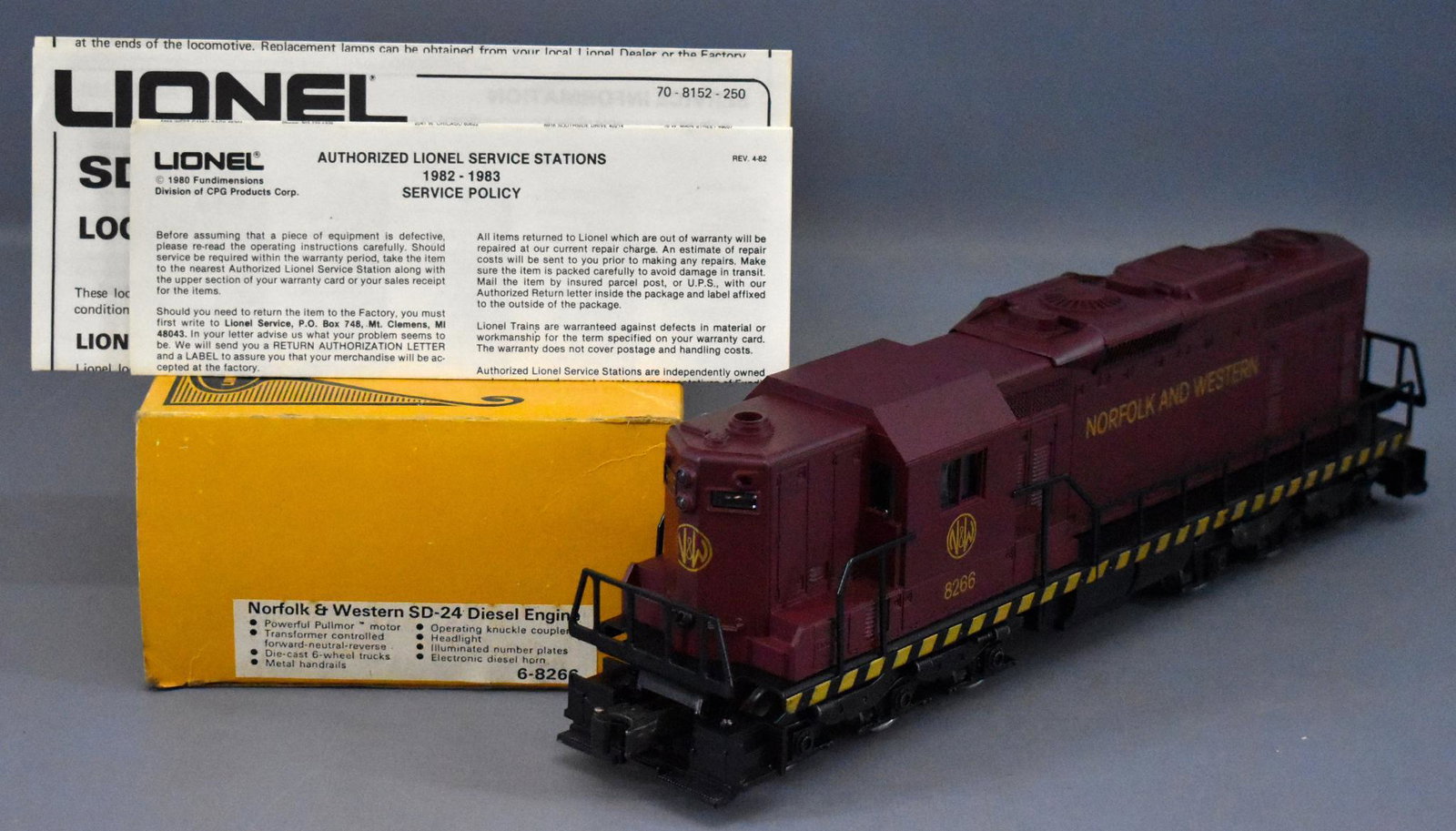 Lionel modern era O 8266 Norfolk & Western SD-24 diesel: Lionel modern era O 8266 Norfolk & Western SD-24 diesel locomotive in original box, shows light run time and is C8+ in a good original box with original paperwork.