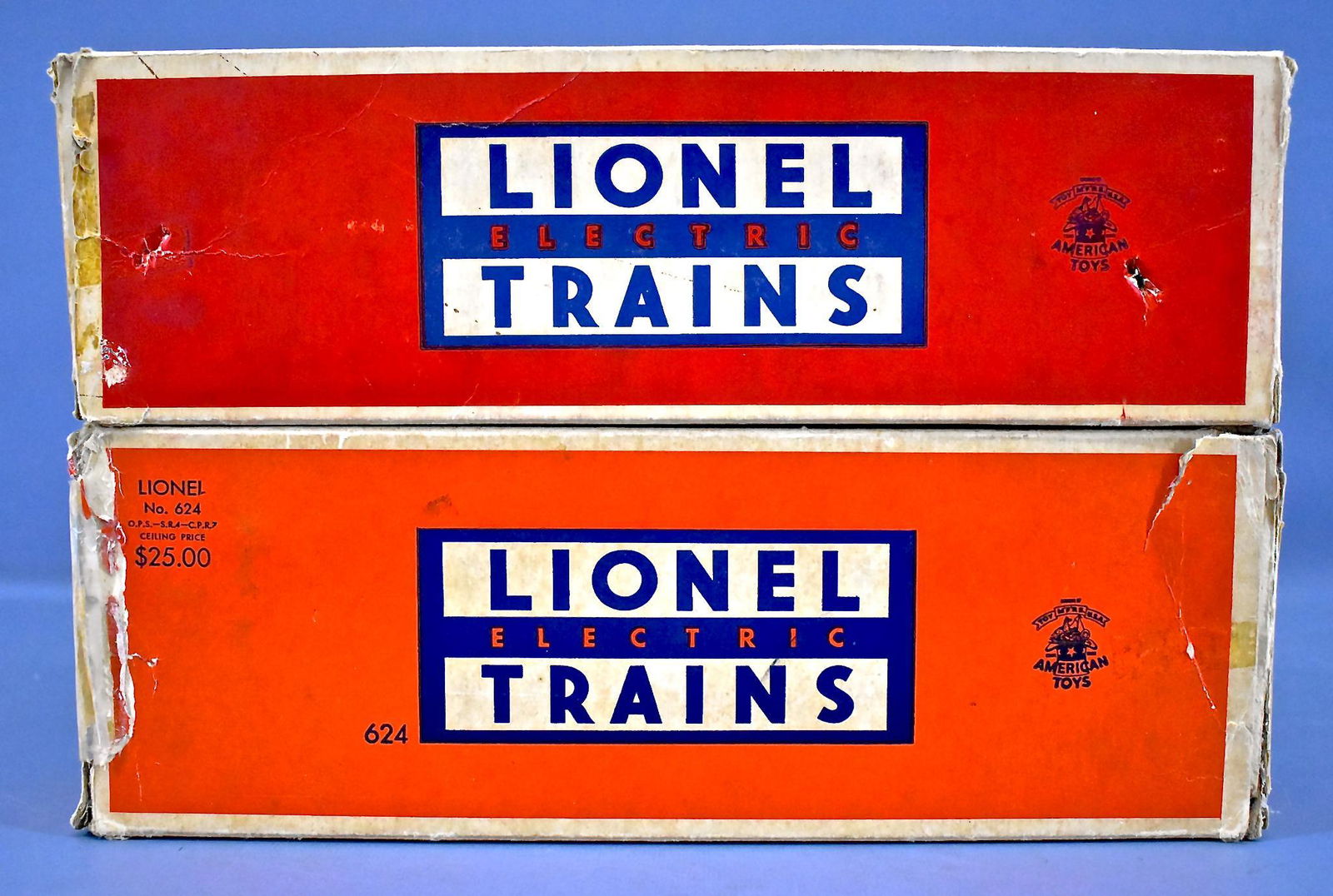 Lionel postwar O 601 624 empty original boxes ONLY: Lionel postwar O 601 and 624 empty original boxes ONLY for NW-2 switchers. Both boxes are complete but may have inner and exterior tape repairs.