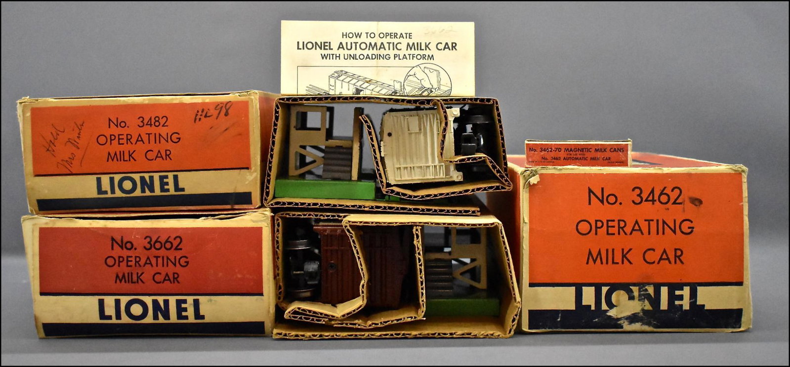 Lionel postwar O 3462 3662 3482 milk car sets in: Lionel postwar O 3462, 3662 and 3482 milk car sets in original boxes. All three are C6-7 with platforms and milk cans. Comes with two original insert s and two nice original boxes and an one worn orig