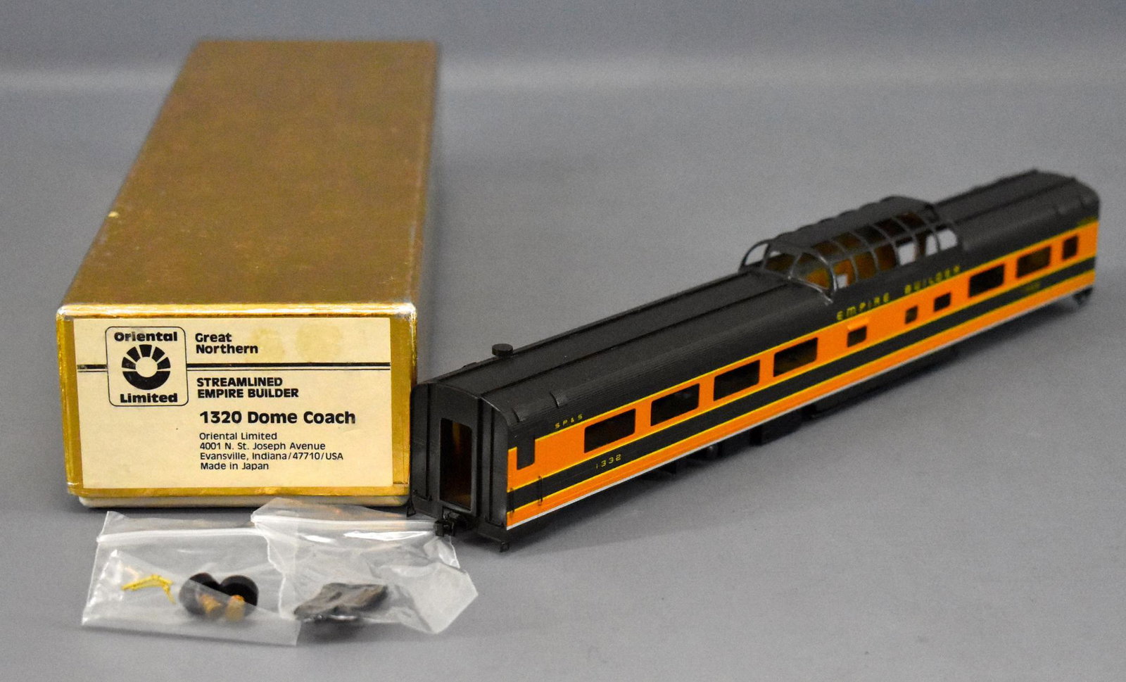 Oriental HO scale brass Empire Builder 1320 Domed Coach: Oriental HO scale brass Empire Builder 1320 Domed Coach car in original box, car is C9 and factory painted, has a few parts that need assembly and does not include trucks, comes in an excellent origin