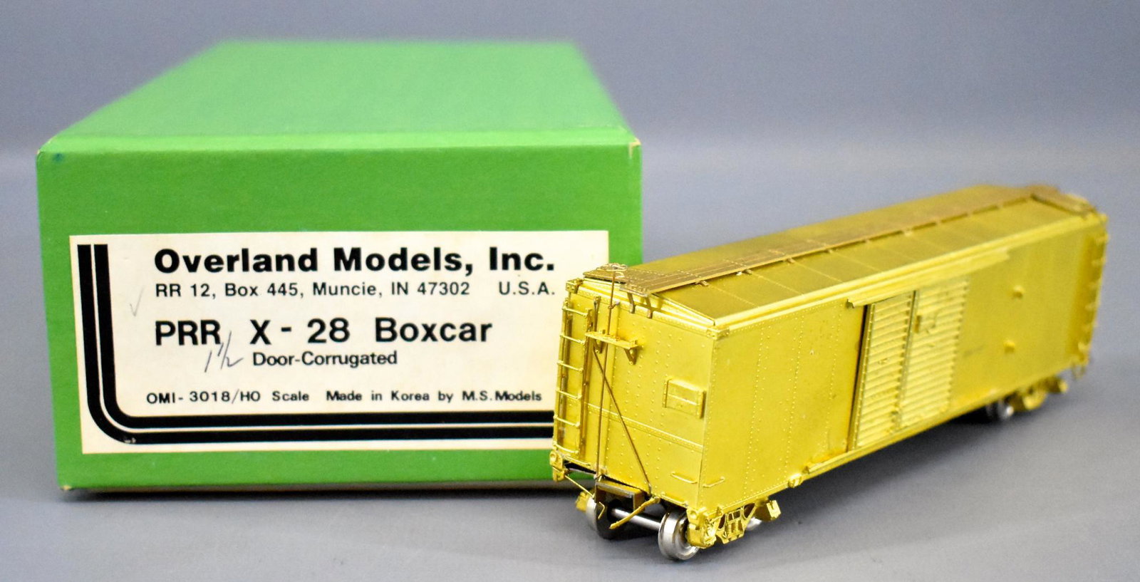 Overland OMI HO scale brass PRR x-28 Box car in: Overland OMI HO scale brass PRR x-28 Box car in original box, car is C8-9 unrun, comes in an excellent original box.