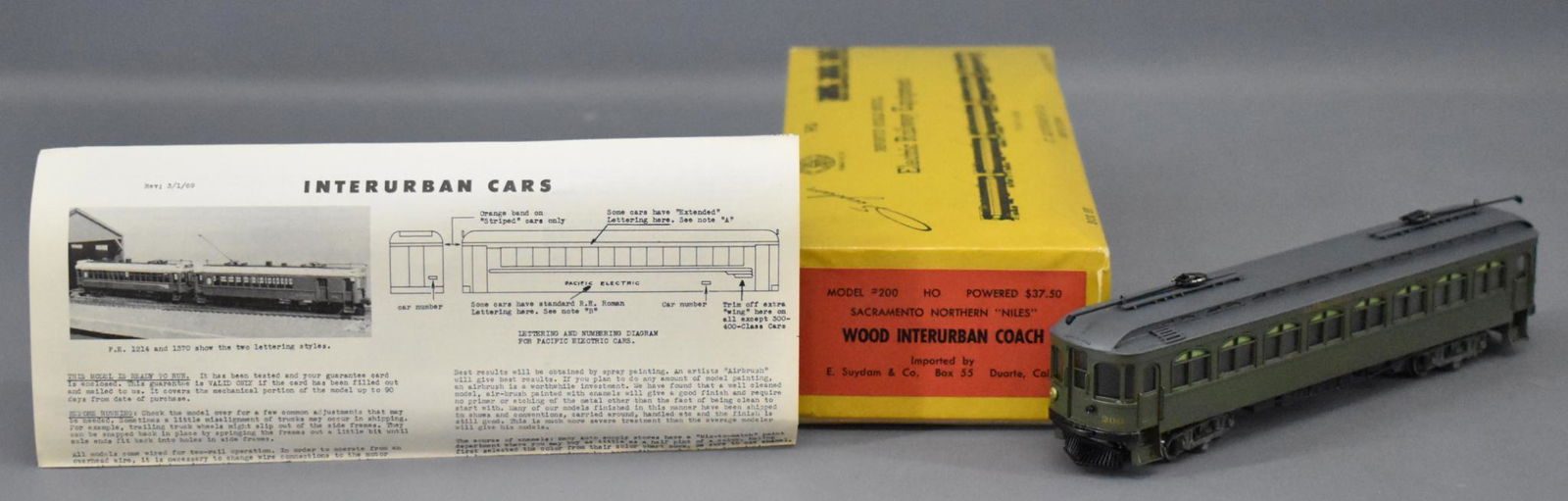 E. Suydam HO scale brass Sacramento Northern Wood: E. Suydam HO scale brass Sacramento Northern Wood Interurban Coach factory painted in original box, car is C7-8 wrapped in factory materials with paperwork, comes in a good original box.