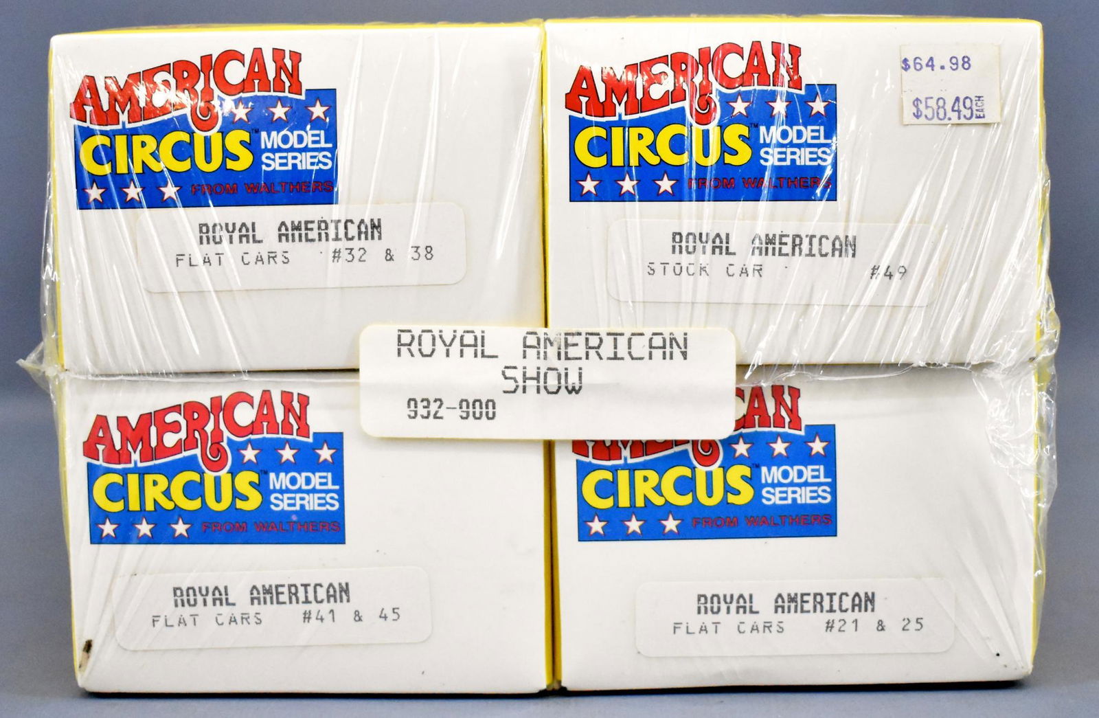 Walthers American Circus Model series HO scale circus: Walthers American Circus Model series HO scale circus trains in original boxes. Group includes four Royal American train cars, including flat cars 32 & 38, stock car 49, flat cars 41 & 45 and flat car