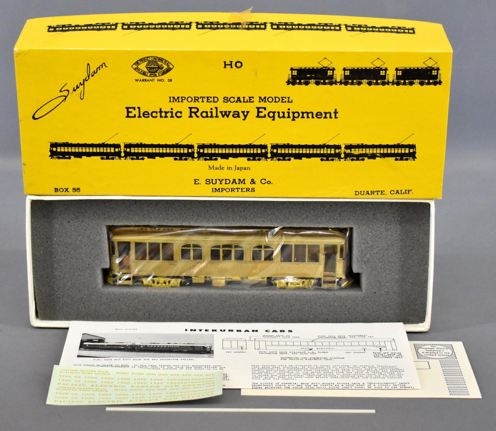 E. Suydam HO scale brass Pacific Electric 414 Niles: E. Suydam HO scale brass Pacific Electric 414 Niles Suburban Coach in original box, car is C9 having never been taken out of box before these pictures, comes in an excellent original box.