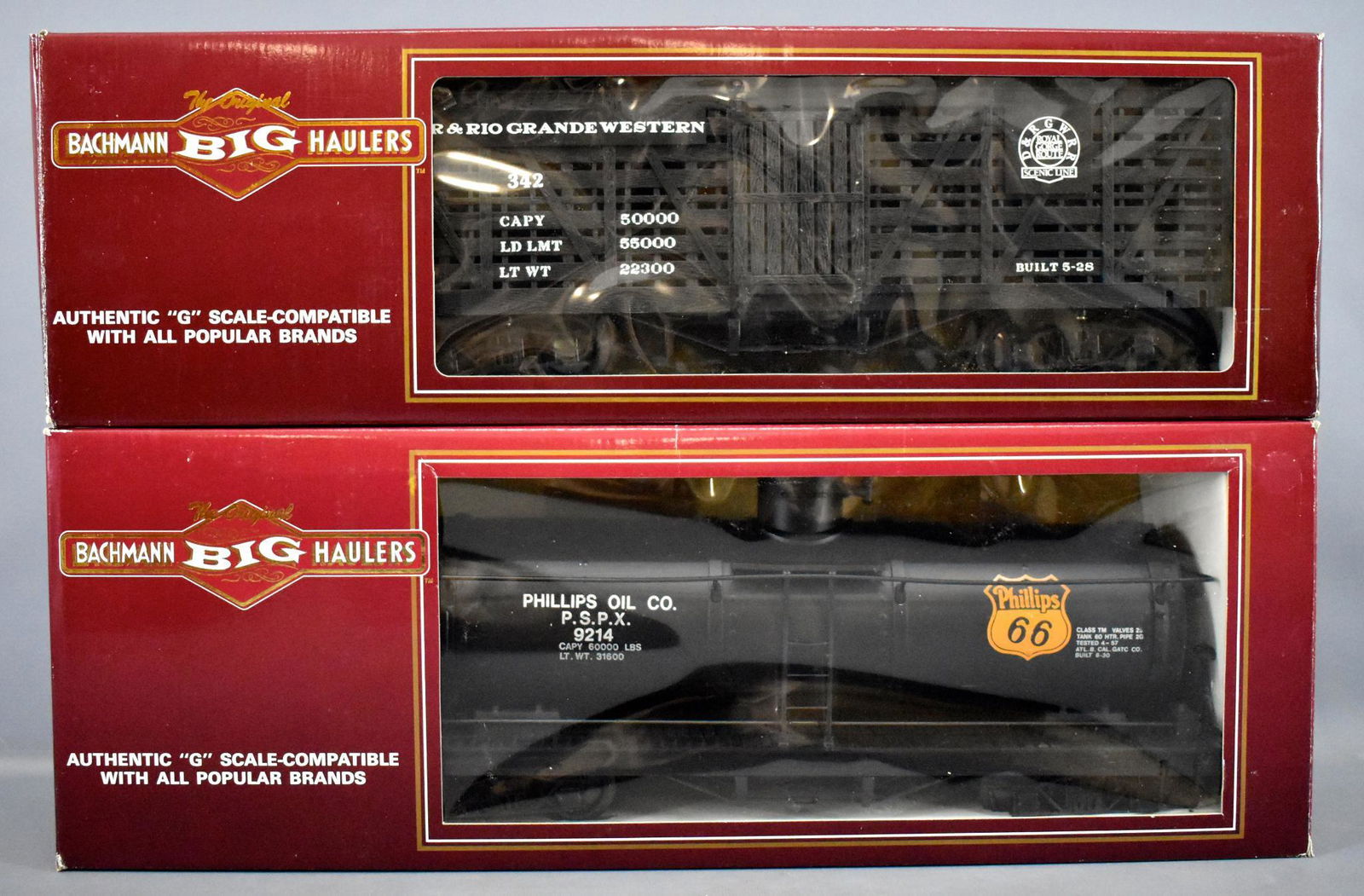 Two Bachmann Big Haulers G scale freight cars in: Two Bachmann Big Haulers G scale freight cars in original boxes to include D&RGW stock car and Philips 66 tank car, both are unrun and C9-10 in excellent original boxes.