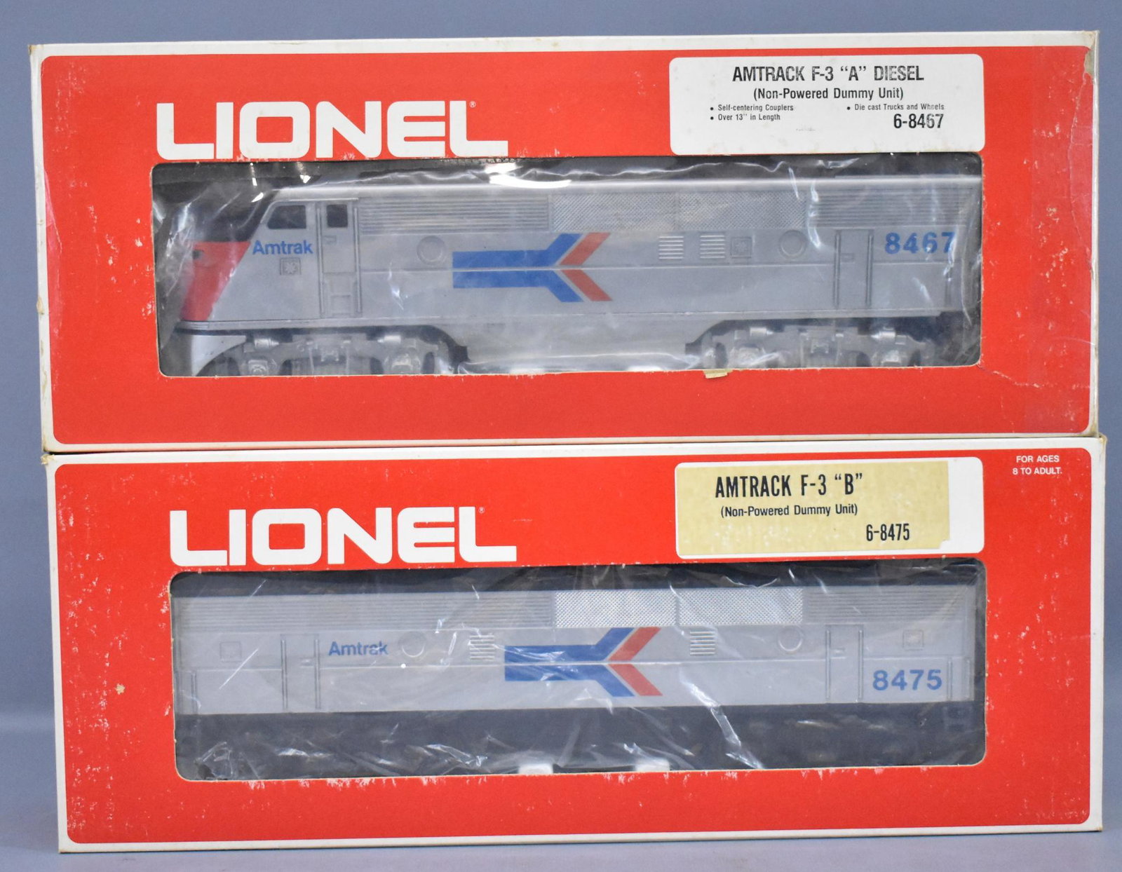 Lionel modern era O Amtrak F3 AB set in original boxes: Lionel modern era O Amtrak F3 AB set in original boxes to include 8467 A unit with a powered chassis and 8475 non-powered B unit, C7+ in good original boxes.