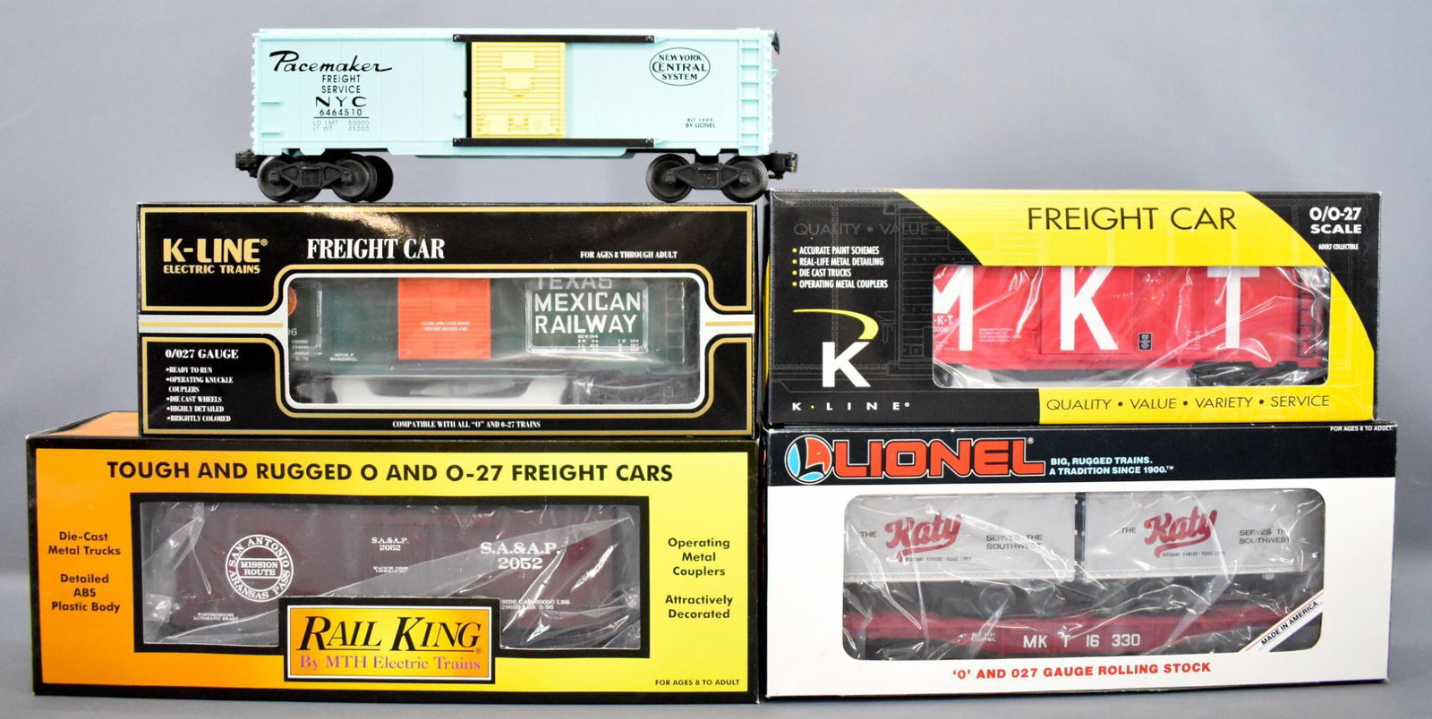 Five modern era O gauge TCA and other train cars in: Five modern era O gauge TCA and other train cars in four original boxes to include K-Line 21140 2006 TCA MKT convention car, 649117IC TCA Mexican Railway box car, Rail King TCA 2006 convention 34' box
