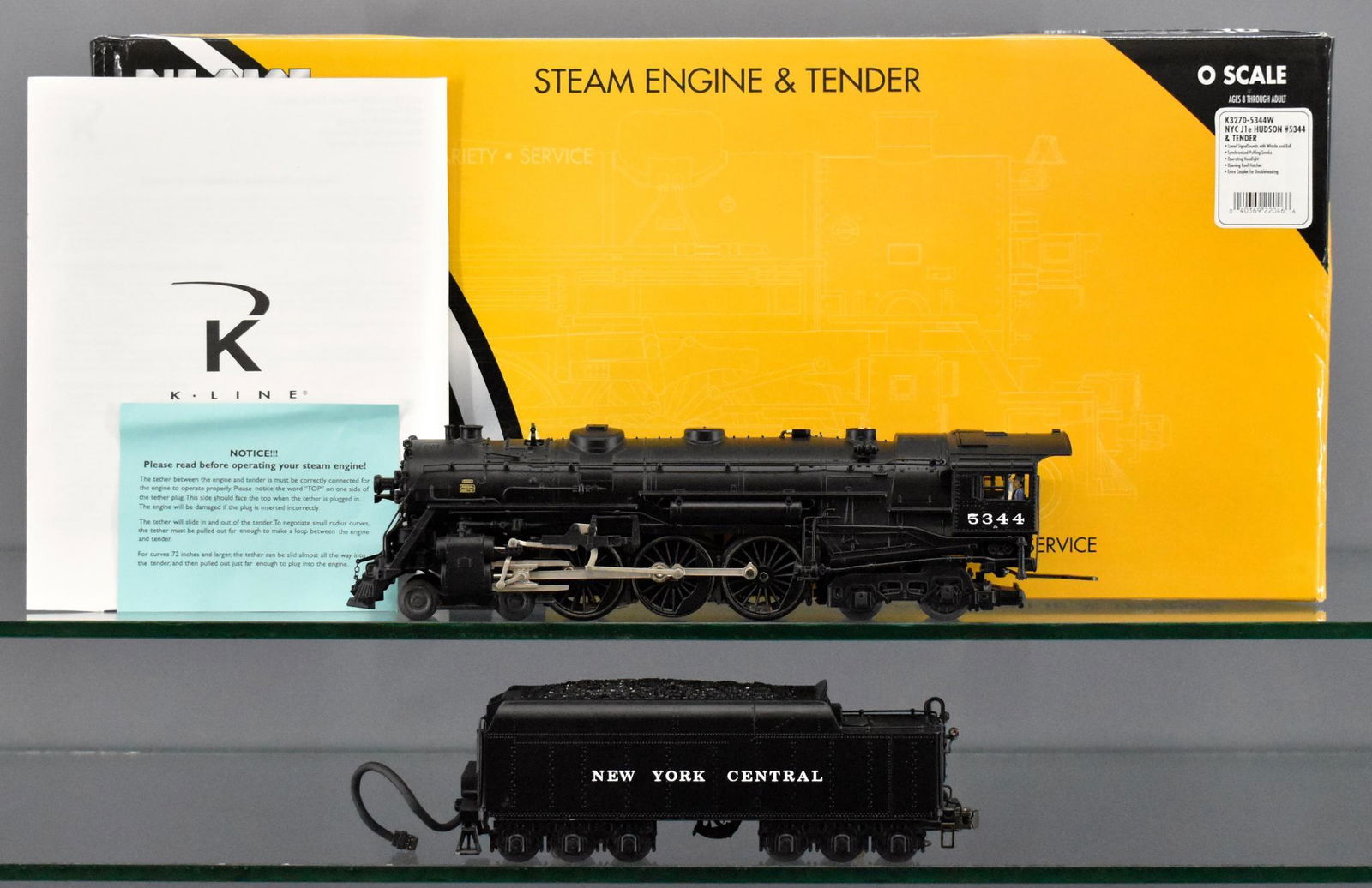 K-Line O gauge die cast New York Central 5344 J1e 4-6-4: K-Line O gauge die cast New York Central 5344 J1e 4-6-4 Hudson steam locomotive in original box, stock number K3270-5344W. Locomotive shows very light run time and the tender appears unrun, both are C