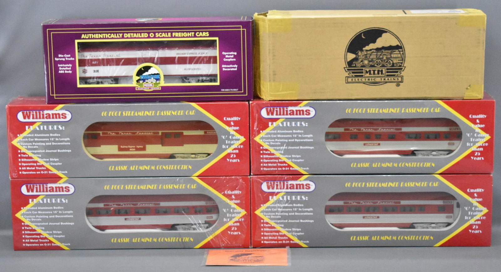 Williams O gauge MKT Texas Special extruded aluminum: Williams O gauge MKT Texas Special extruded aluminum passenger cars in original boxes to include baggage, coach, vista dome and observation cars plus an MTH 2006 TCA Convention express reefer car, C8-