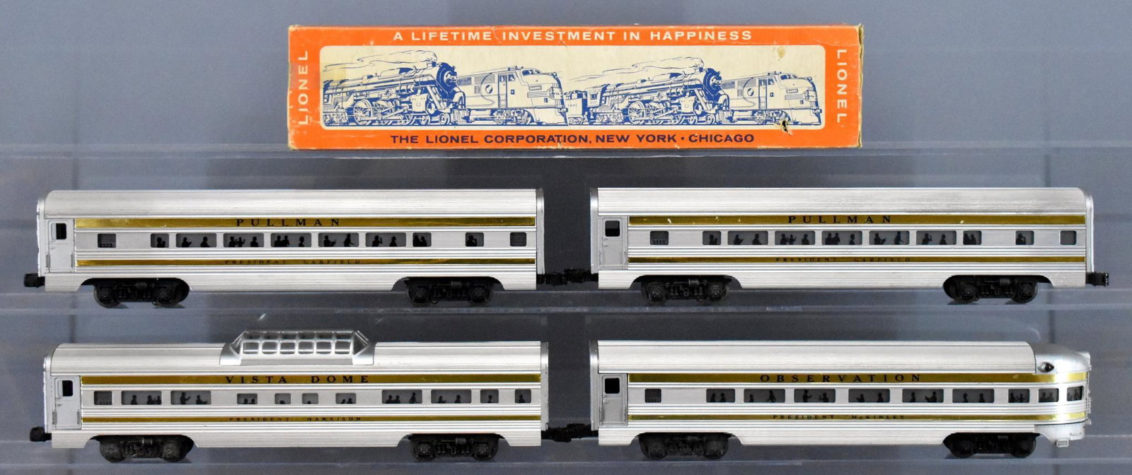 Lionel postwar O gauge Presidents Special extruded: Lionel postwar O gauge Presidents Special extruded aluminum passenger cars to include 2521 President McKinley observation, 2522 President Harrison vista dome and two 2523 President Garfield Pullman ca