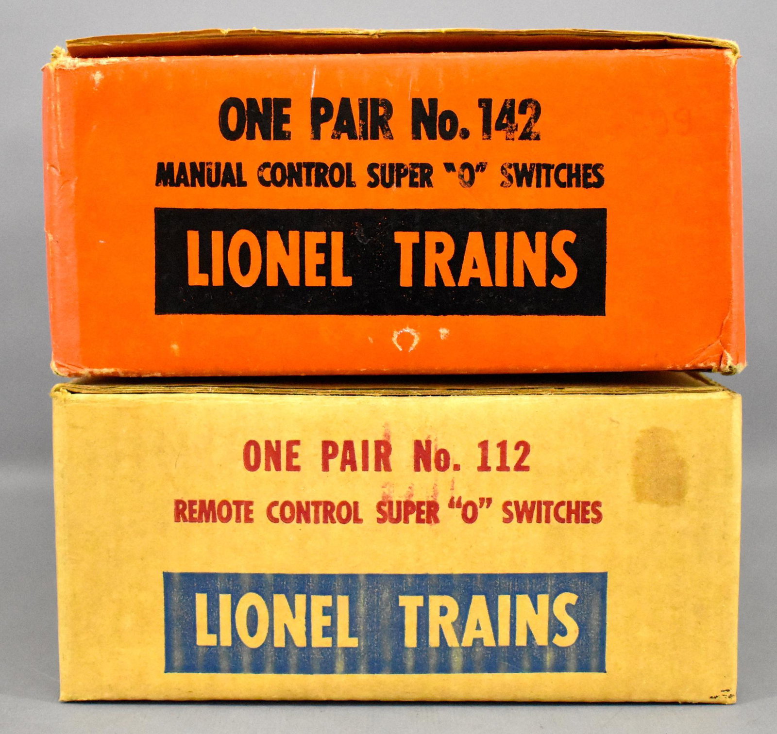 Two nice pairs of Lionel postwar Super O switches in: Two nice pairs of Lionel postwar Super O switches in original boxes 112 remote control and 142 manual. Both sets appear to have been used very little if at all. They are untested but very clean. The c