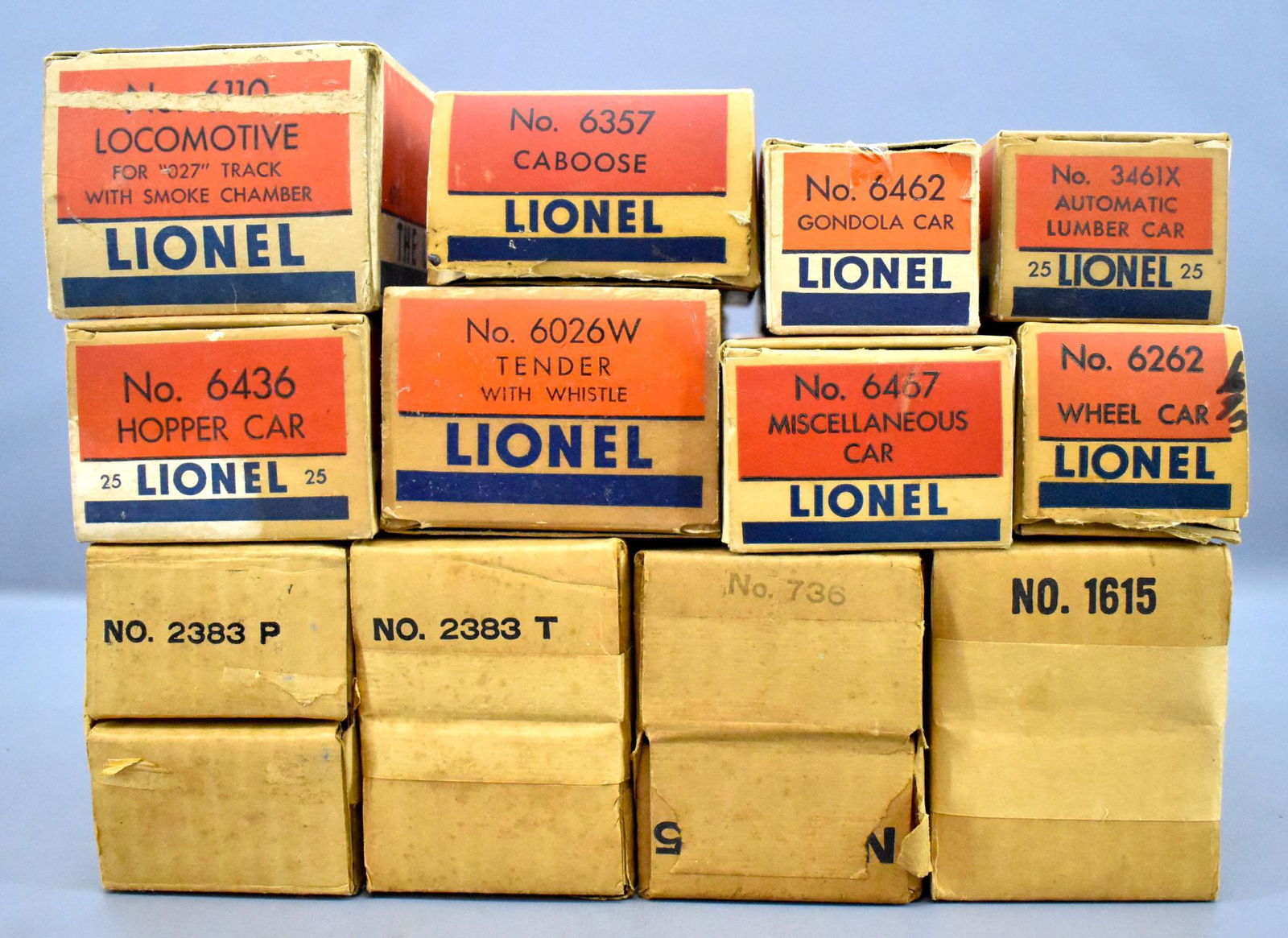 Group of nice Lionel postwar O gauge empty original: Group of nice Lionel postwar O gauge empty original boxes. Includes 2383P and 2383T with punched out display windows, 2065 that was restamped 736, 1615, 6110, 6026W, 6262, 6467, 6357, 6462, 6436-25 an