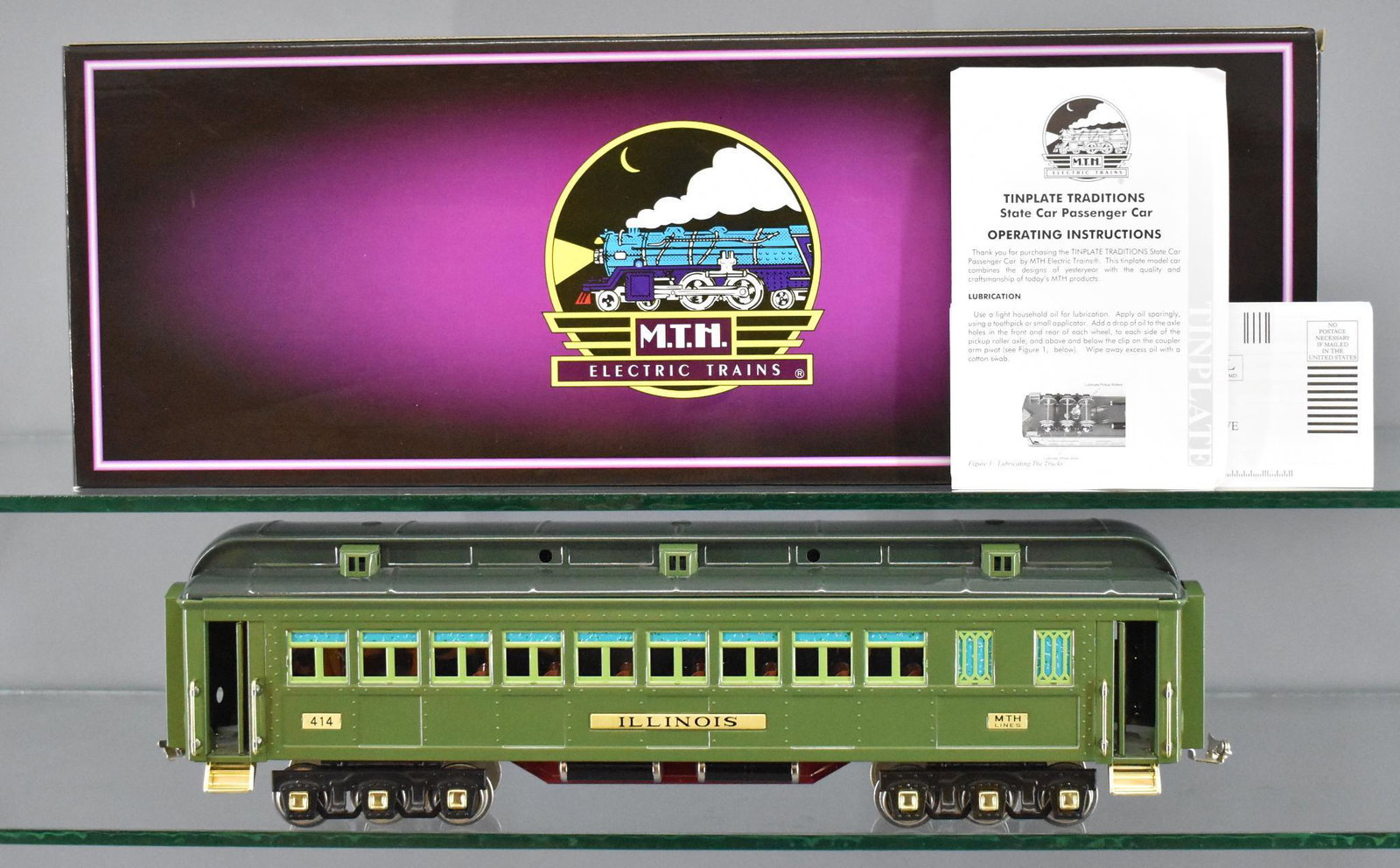 MTH Tinplate traditions Lionel 414 Illinois green state: MTH Tinplate traditions Lionel 414 Illinois green state set Pullman car in original box, C8-9 in a very good original box with shipping carton that it will be shipped in.