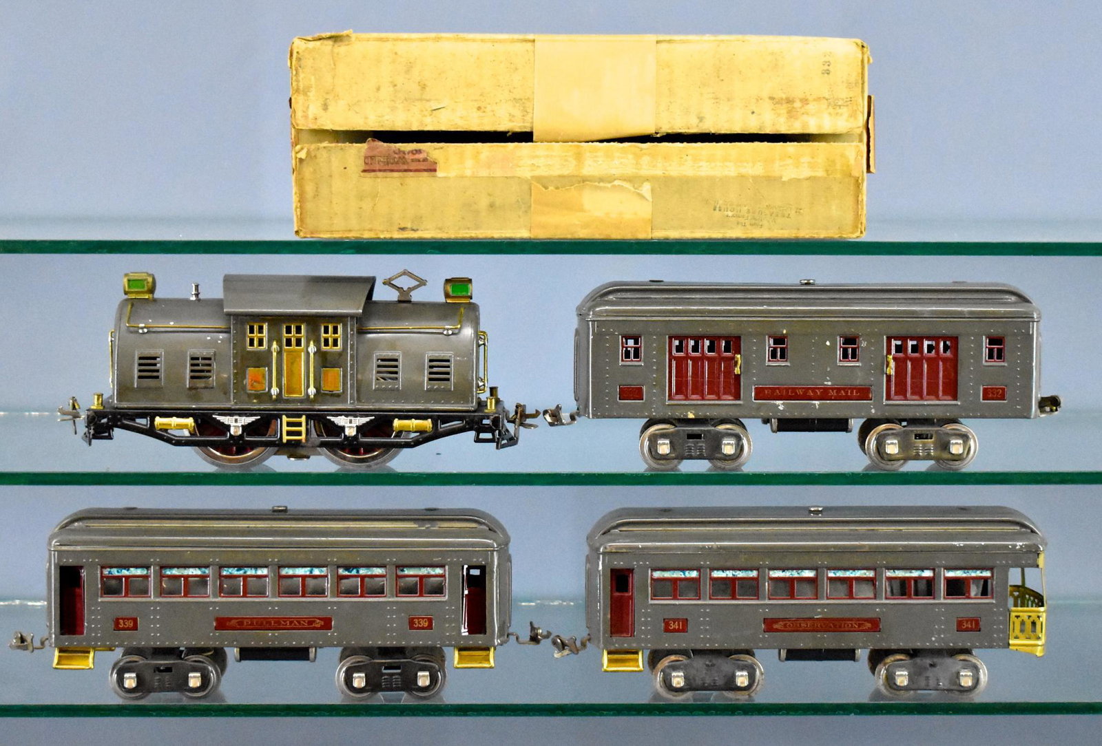Lionel prewar standard gauge gray electric passenger: Lionel prewar standard gauge gray electric passenger set with one original box to include 10E electric locomotive, 332 baggage, 339 Pullman and 341 observation cars, C7 with very good original 332 box
