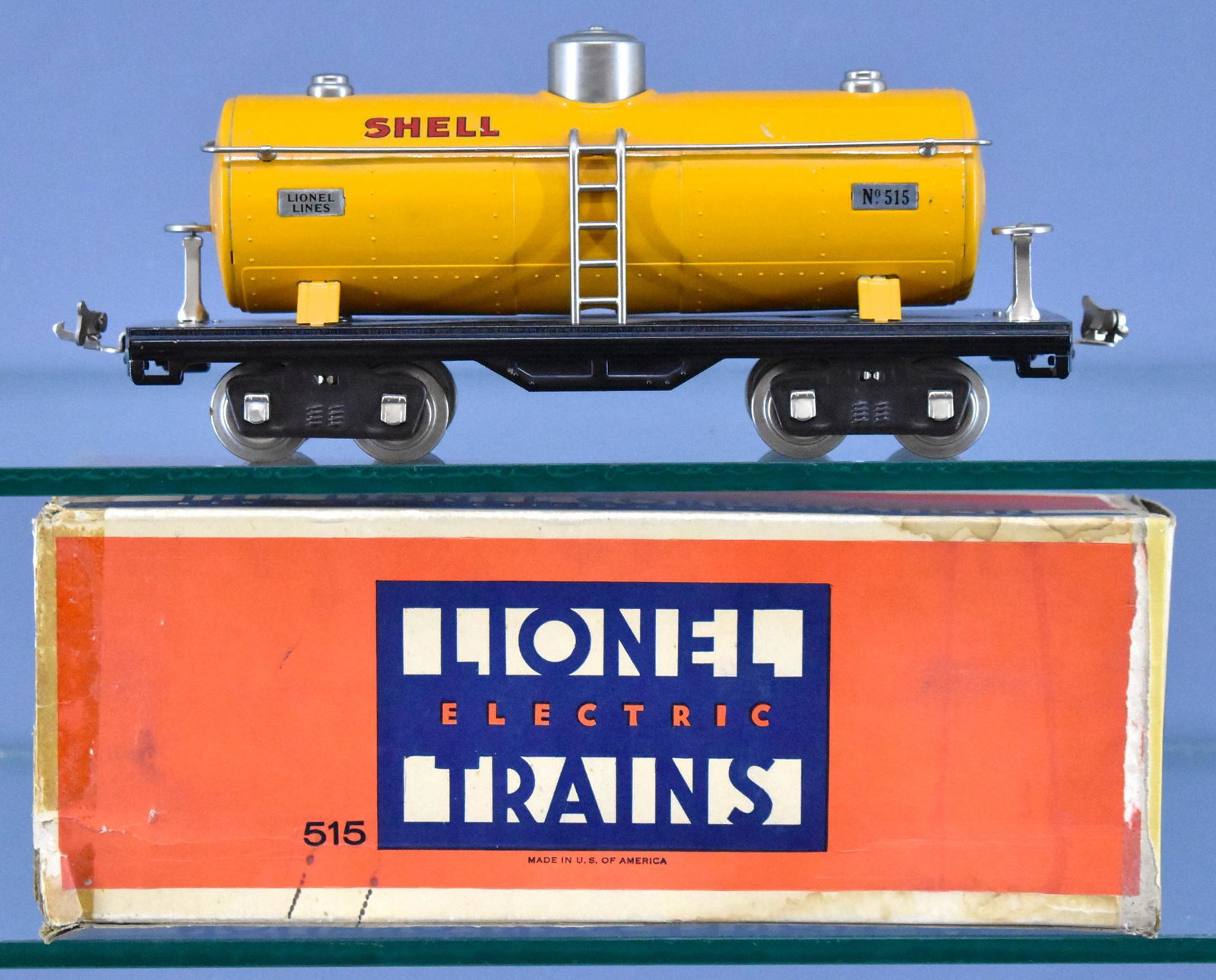 Lionel prewar standard gauge 515 Shell tank car with: Lionel prewar standard gauge 515 Shell tank car with all nickel trim in original box, C7 with a fair original box.