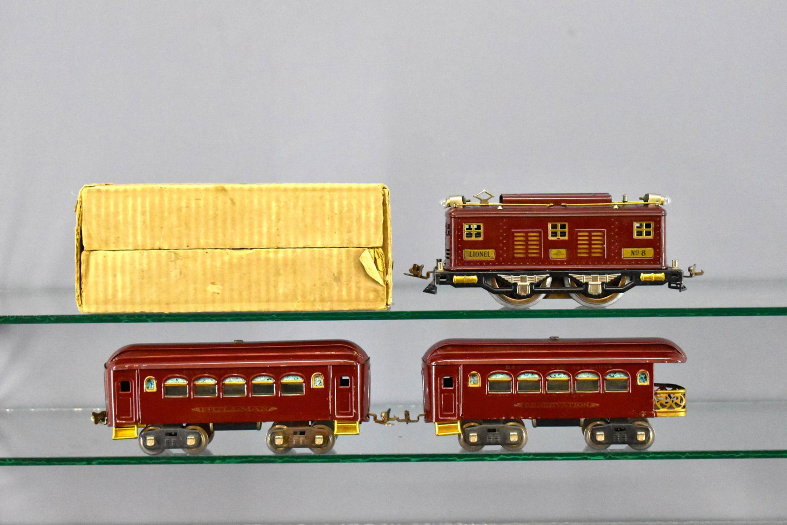 Lionel prewar standard gauge electric passenger set: Lionel prewar standard gauge electric passenger set with Maroon 8 box cab electric locomotive that has been rewheeled with MEW drivers, 35 Pullman and 36 observation cars with a correct original box f