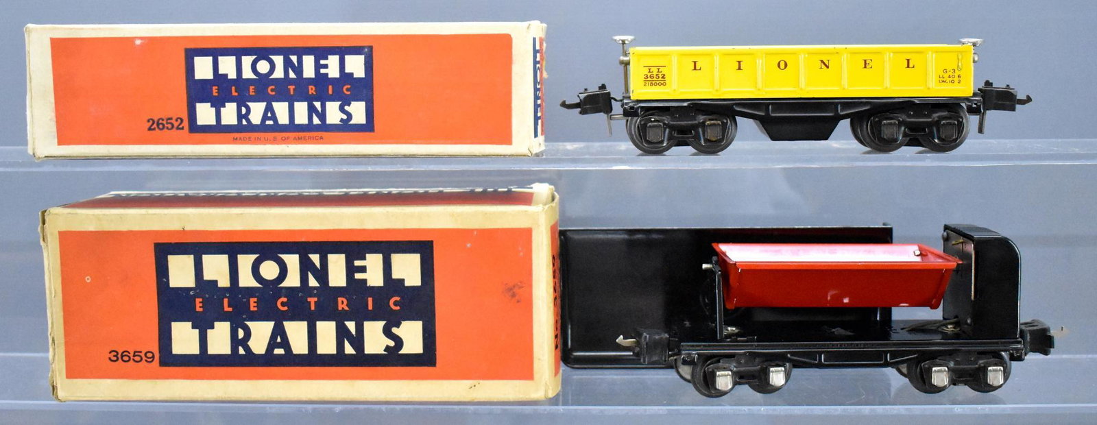 Lionel prewar O gauge 3659 automatic dump car and 3652: Lionel prewar O gauge 3659 automatic dump car and 3652 operating gondola with one correct original box and a 2652 for the 3652 operating gondola gondola. Trains are C6-7 with a nice speckled 160 bin i