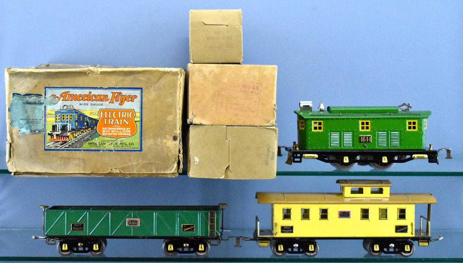 Boxed American Flyer wide gauge 1471 The Trail Blazer: Boxed American Flyer wide gauge 1471 The Trail Blazer freight set. Includes a restored 4644 box cab electric locomotive, 4017 sand car with 6 million plates and 4011 yellow caboose that is missing the