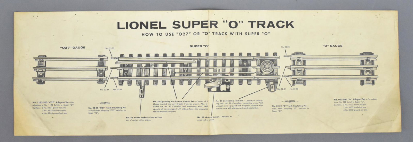 Lionel postwar Dealer Super O track advertisement: Lionel postwar Dealer Super O track advertisement, measures 21 7/8" long x 6 15/16 wide and has holes from tacks along the top.