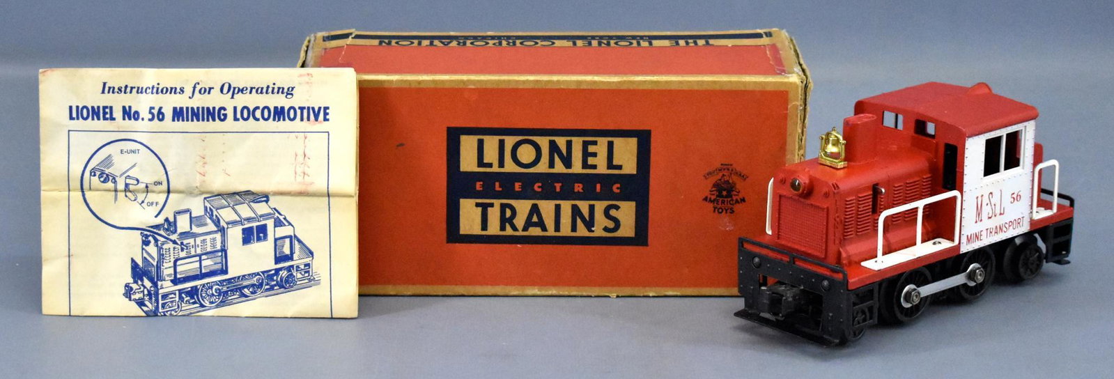 Lionel postwar O 56 Minneapolis & St. Louis mine: Lionel postwar O 56 Minneapolis & St. Louis mine transport switcher in original box, shows light run time and is a gorgeous example with perfect window struts and few signs of handling although there 