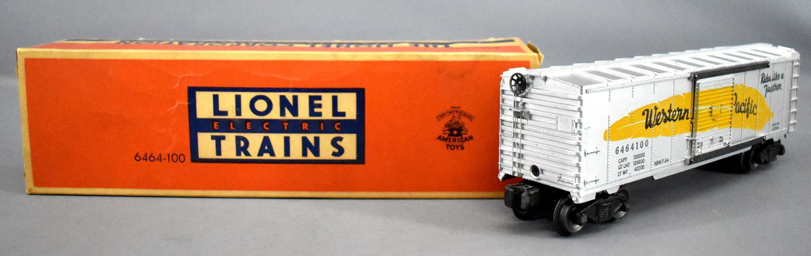 Lionel postwar O type IIa 6464-100 Western Pacific box: Lionel postwar O type IIa 6464-100 Western Pacific box car in original box, car shows very light run time and has nice silver but there are a few small scratches on the roof, C6-7 with a good original