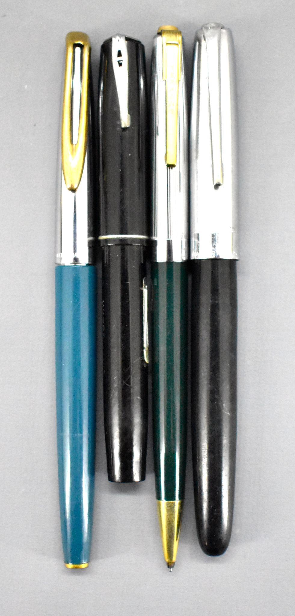 Lot of 4 Waterman Writing Instruments: Lot of 4 Waterman Writing Instruments. 14k Gold nibs. Inspect photos closely. These measure between 4 1/4 and 5 1/4 inches in length with the cap screwed on. These pens have been used at some poi