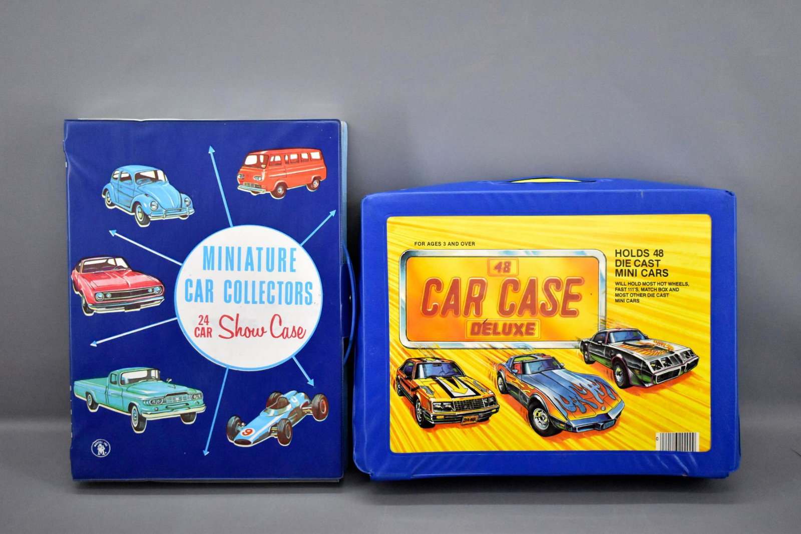 Two vintage die cast car carrying cases: Two vintage die cast car carrying cases. One is made by Mattel and in nice shape but has some rubs on the back and holds 24 cars. The second is a generic 1980's case that holds 48 cars.