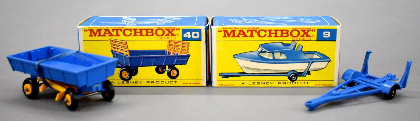 Minty Matchbox regular wheels 9 and 40 in crisp: Minty Matchbox regular wheels 9 and 40 in crisp original boxes. The boat trailer is mint but is missing the boat and the hay trailer is mint but the wheels are loose as is typical with this piece. Bot