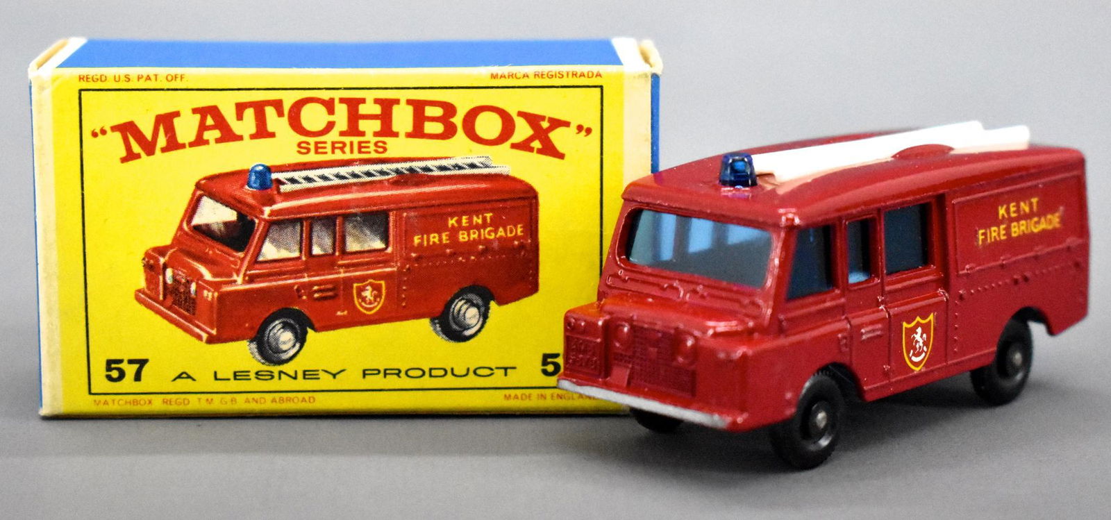 Mint Matchbox regular wheels 57 Land Rover fire truck: Mint Matchbox regular wheels 57 Land Rover fire truck in a good original box.