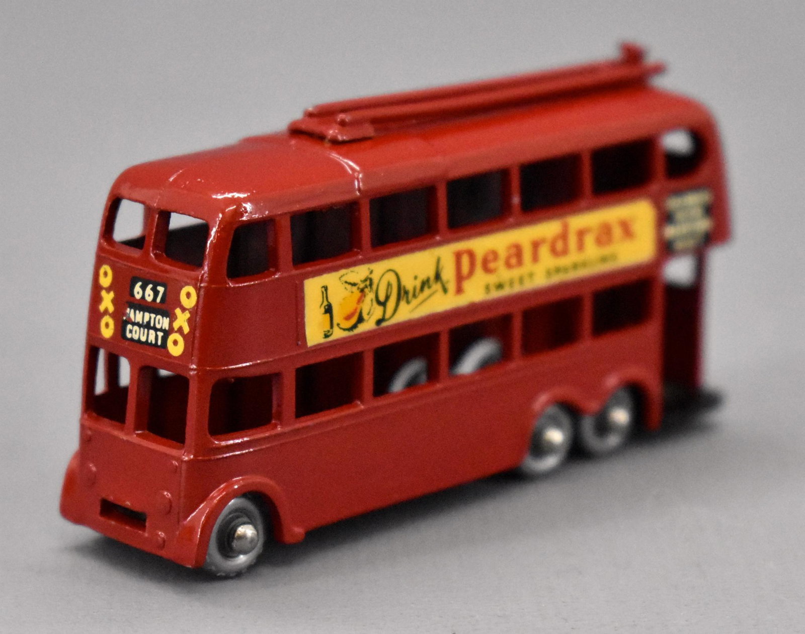 Matchbox 56 Peardrax London Trolleybus die cast GPW: Matchbox 56 Peardrax London Trolleybus die cast with gray plastic wheels and a few tiny paint chips on the trolley pole on the roof, otherwise gorgeous.