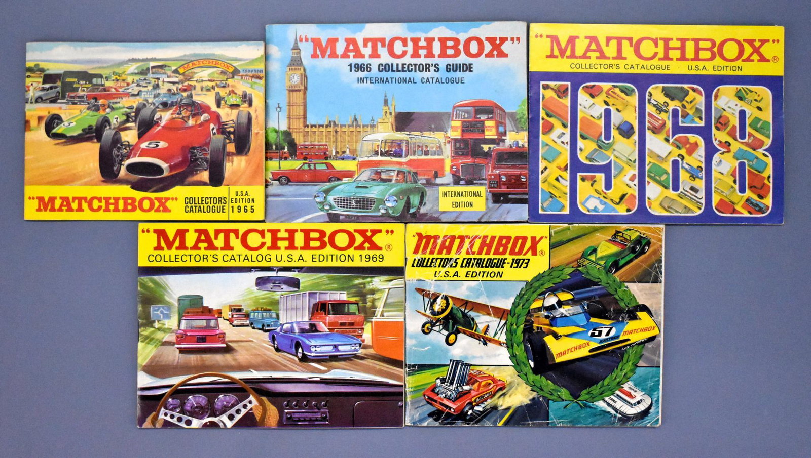 Nice group of vintage Matchbox USA Collectors catalogs: Nice group of vintage Matchbox USA Collectors catalogs to include 1965, 1966, 1968, 1969 and a very worn 1973, the first four are in excellent plus condition.