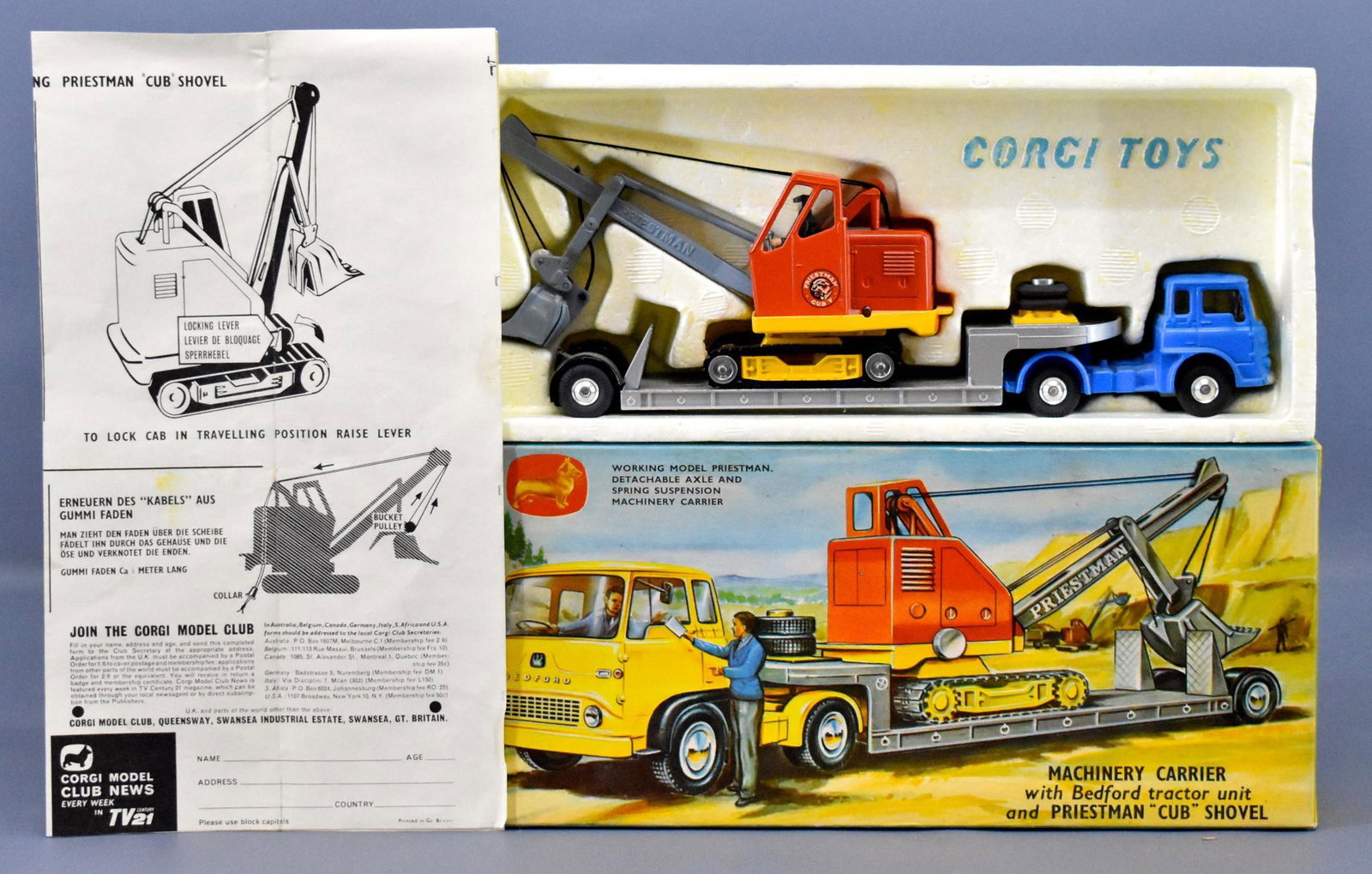 Corgi Gift set 27 Machinery carrier with Bedford: Corgi Gift set 27 Machinery carrier with Bedford tractor and Priestman shovel in original box. The toy is near mint with a nice original instruction sheet and a very good to excellent original box tha