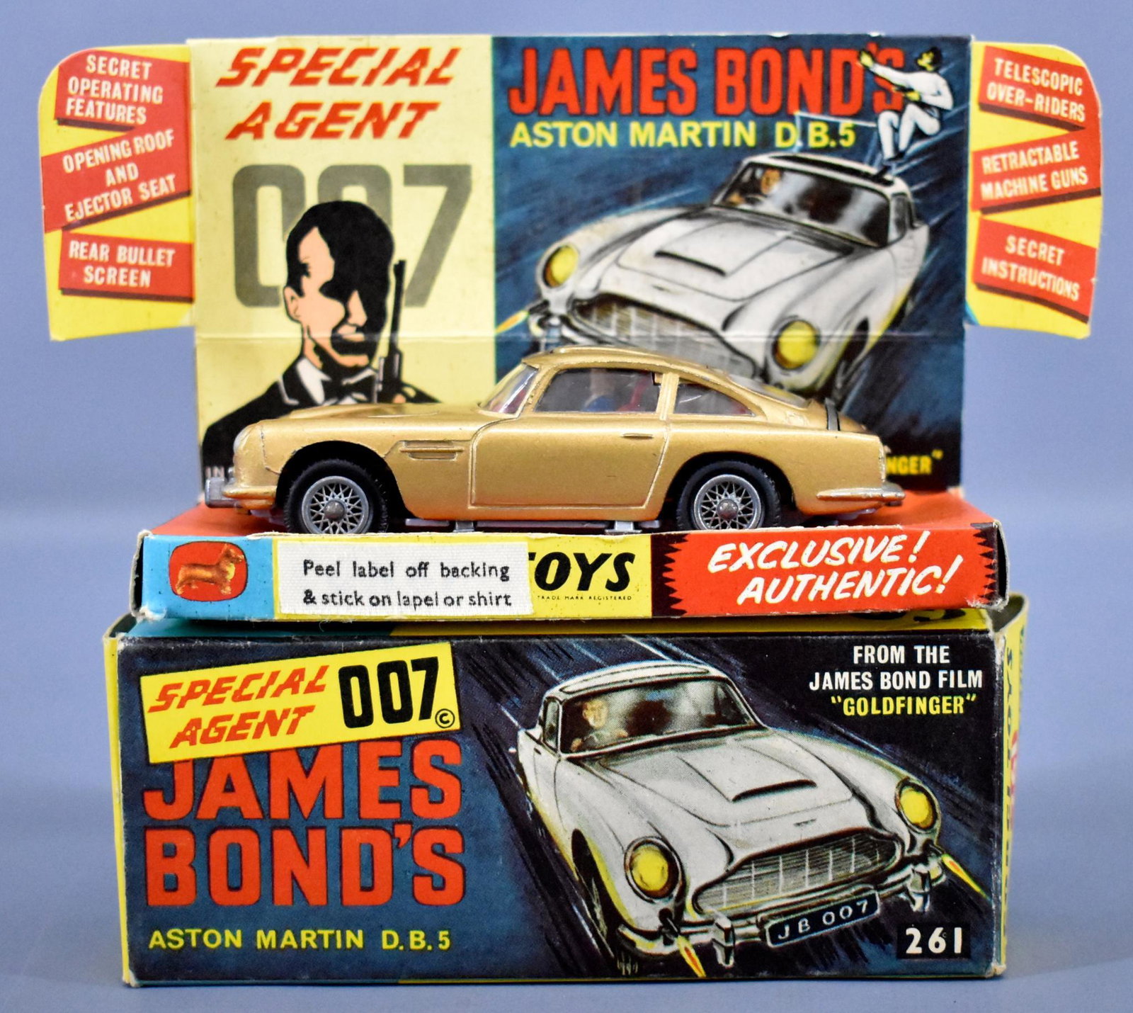 Corgi 261 007 James Bond Aston Martin DB5 in original: Corgi 261 007 James Bond's Aston Martin D.B.5 in original box, toy is in near mint condition and complete with an extra rider with a nice original insert but the original box has surface skinning on o