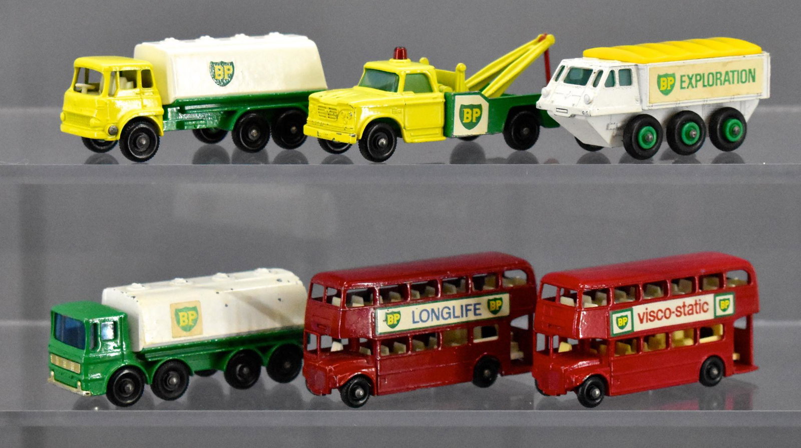 Six Matchbox regular wheels BP oil related trucks and: Six Matchbox regular wheels BP oil related trucks and buses, all in nice shape varying from good to excellent plus as seen in the photos.